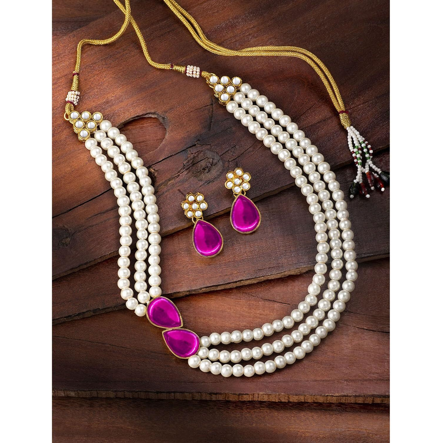 Peora Pearl Mala Rani Pink Necklace & Earrings for Women Girls Traditional Ethnic Jewellery Set