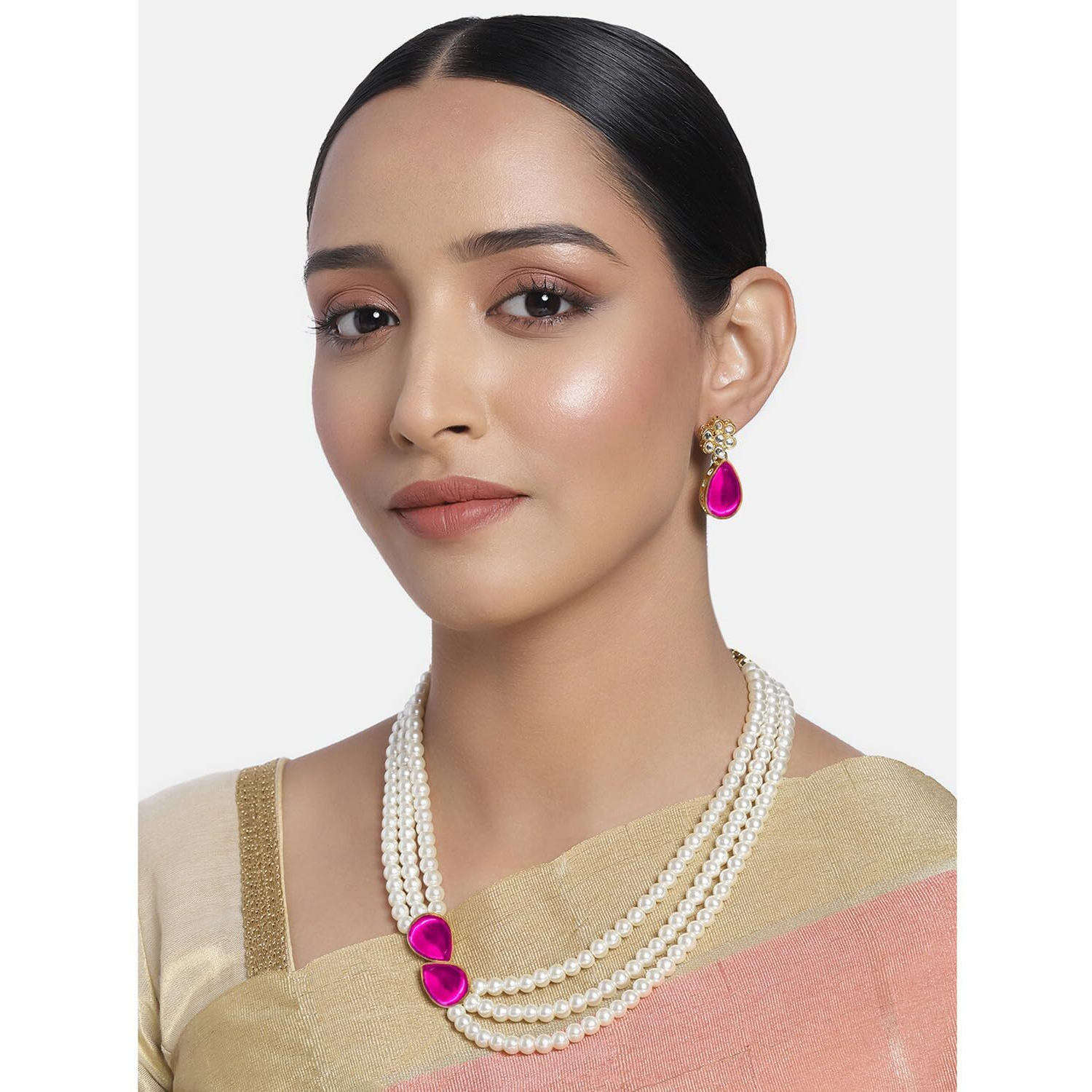 Peora Pearl Mala Rani Pink Necklace & Earrings for Women Girls Traditional Ethnic Jewellery Set