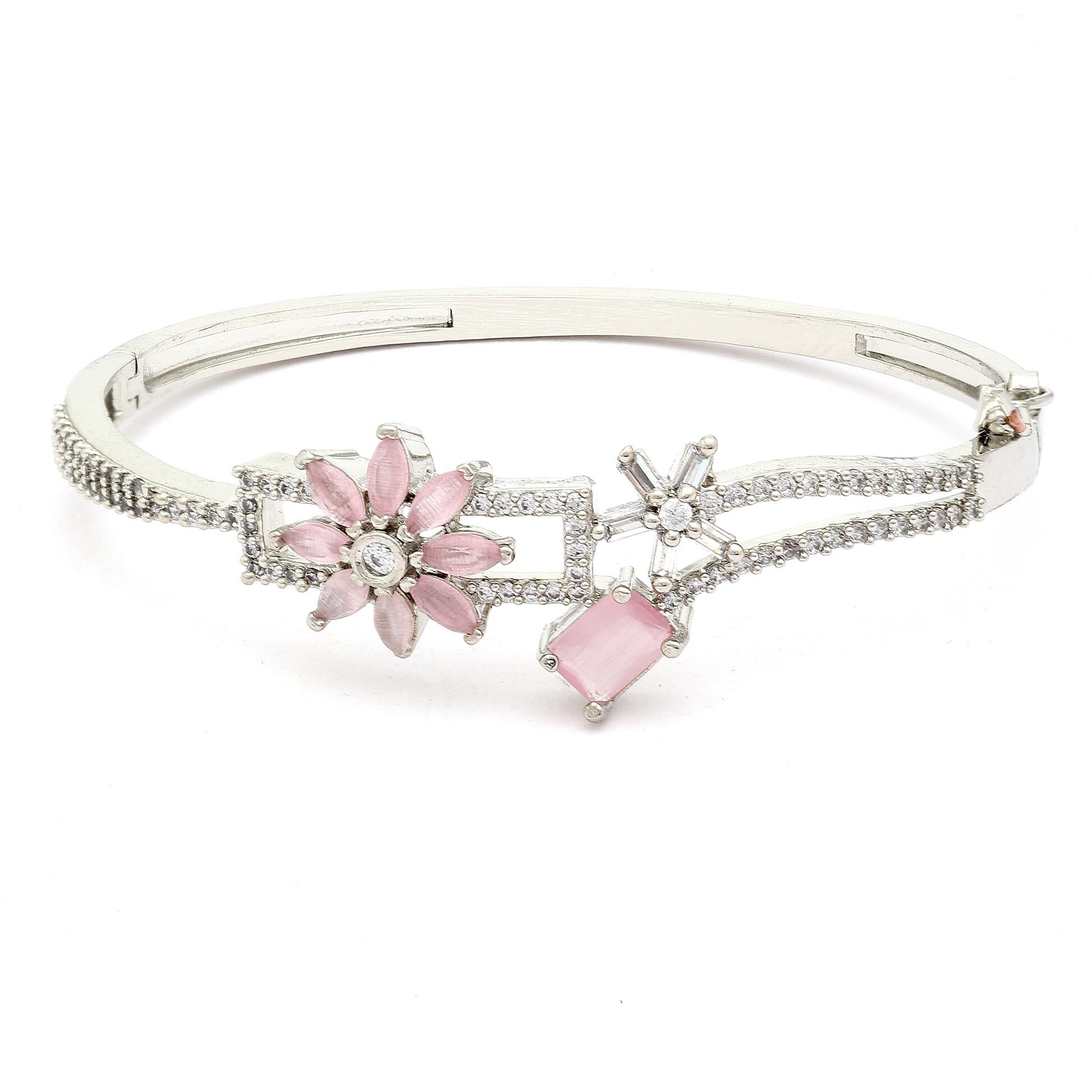 ZENEME Bracelet Rhodium-Plated Silver Toned Flower & Square Pink American Diamond Studded Openable Kada Bracelet For Women and Girls