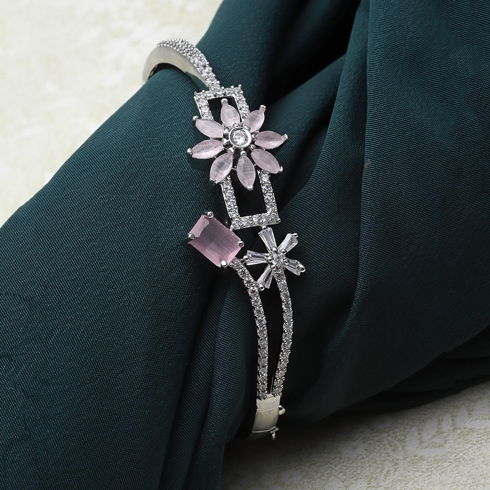 ZENEME Bracelet Rhodium-Plated Silver Toned Flower & Square Pink American Diamond Studded Openable Kada Bracelet For Women and Girls