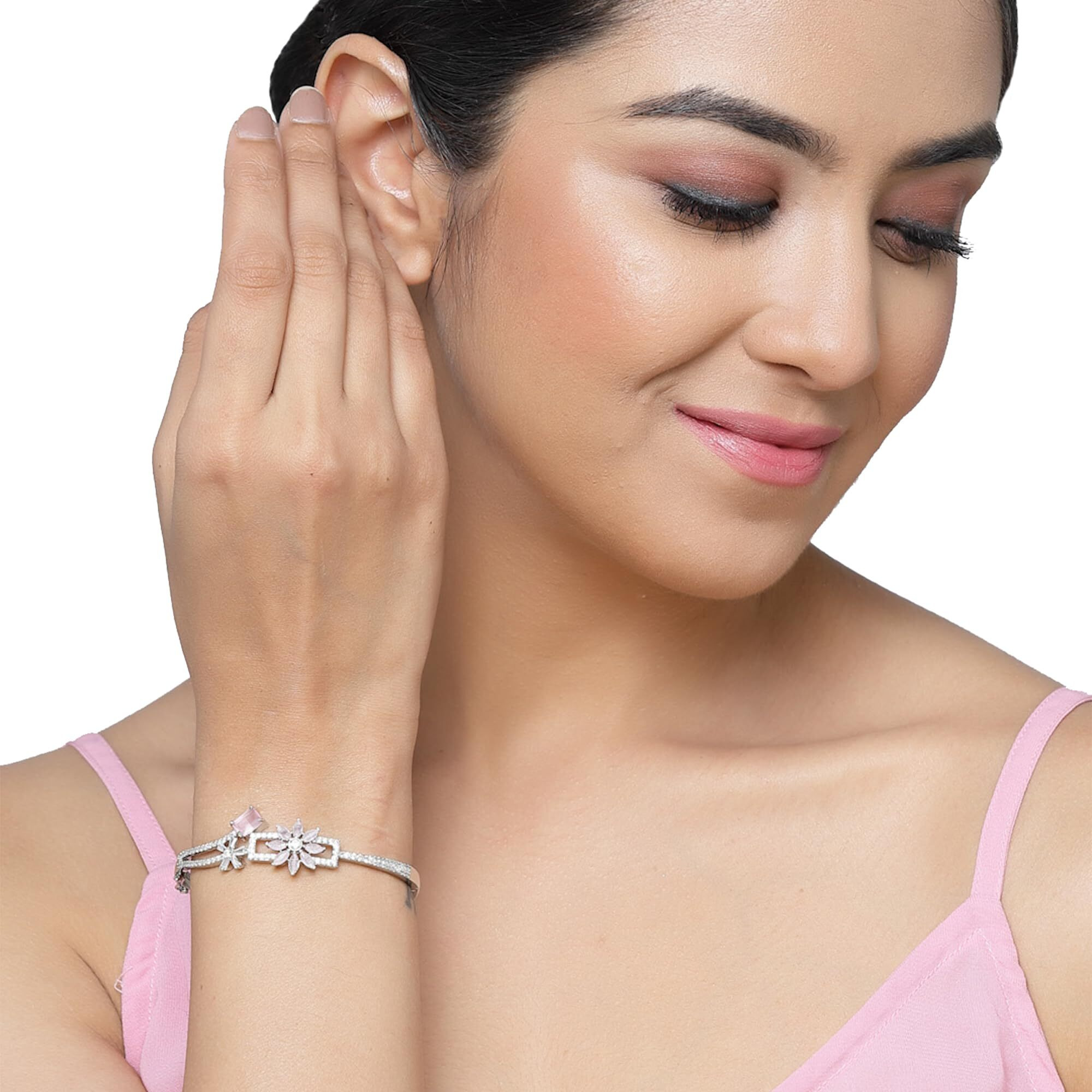 ZENEME Bracelet Rhodium-Plated Silver Toned Flower & Square Pink American Diamond Studded Openable Kada Bracelet For Women and Girls