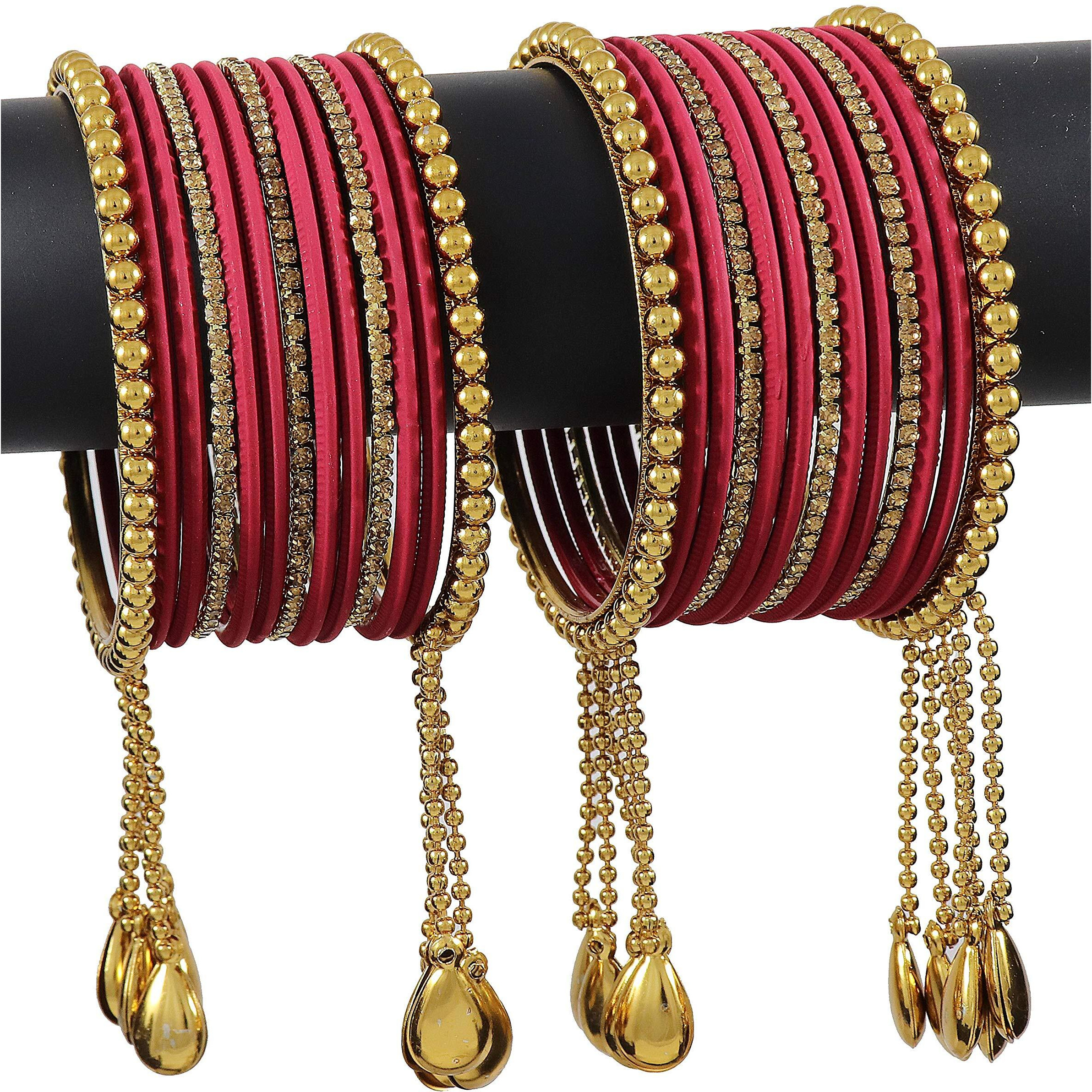 NMII Metal Base Metal Zircon Gemstone Studded Matte and Glossy Finished BallChain Linked Latkan Bangle set for Women and Girls, (Maroon_2.6_Inches), (Pack Of 26 Bangle set)