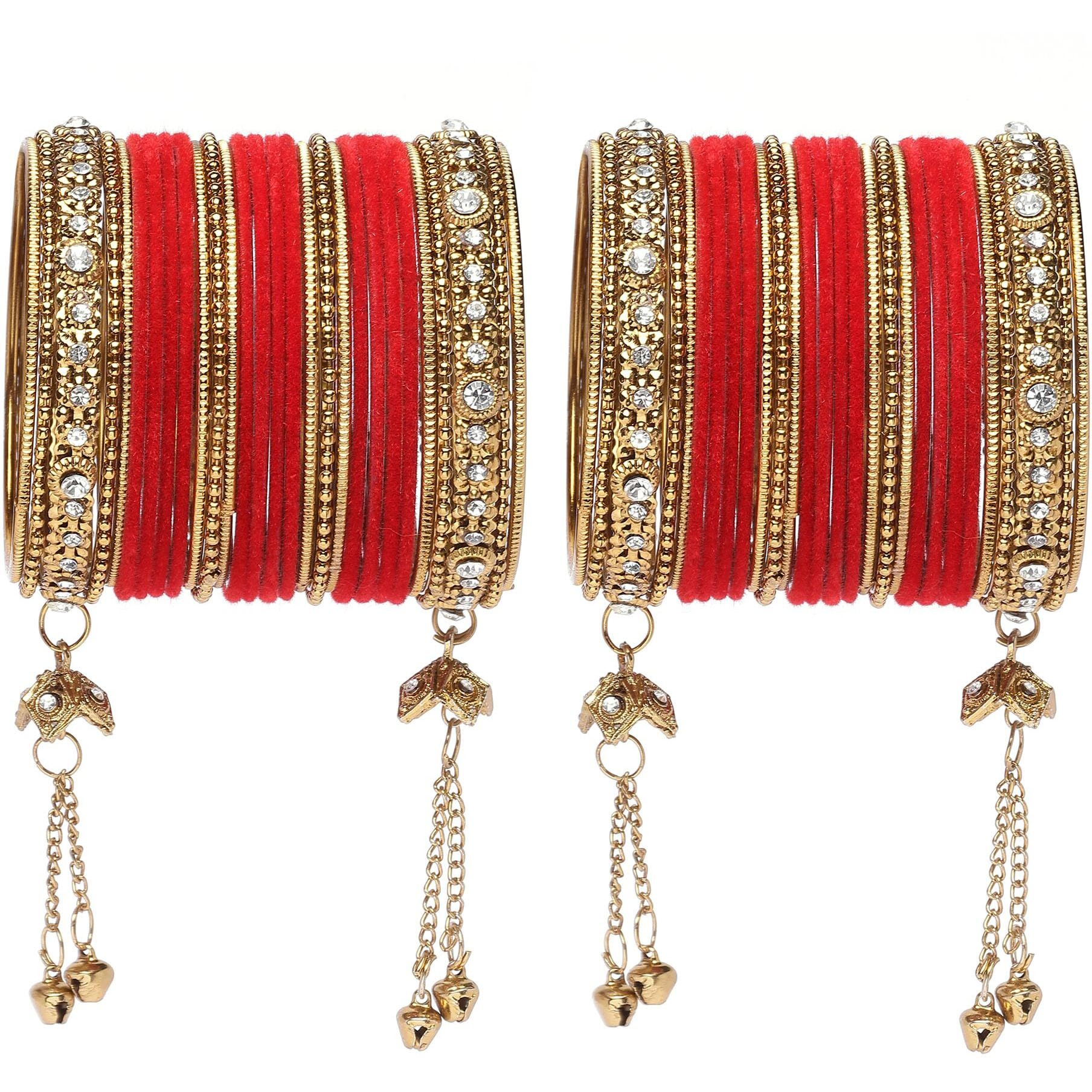 ZENEME Gold-Plated Matte Finish Velvet American Diamond Studded Gold Pearl Tasselled Bangles Set Of 56 For Girls and Women (Red, 2.4)