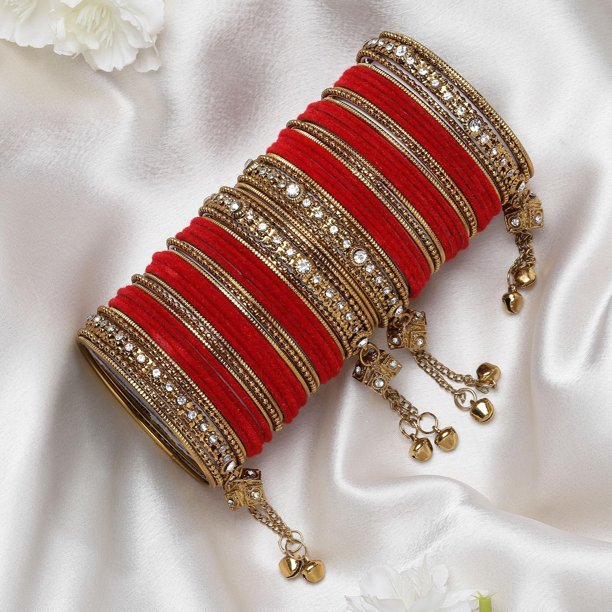 ZENEME Gold-Plated Matte Finish Velvet American Diamond Studded Gold Pearl Tasselled Bangles Set Of 56 For Girls and Women (Red, 2.4)