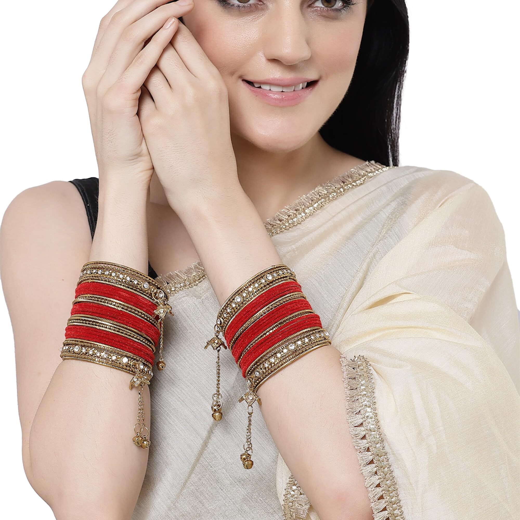 ZENEME Gold-Plated Matte Finish Velvet American Diamond Studded Gold Pearl Tasselled Bangles Set Of 56 For Girls and Women (Red, 2.4)