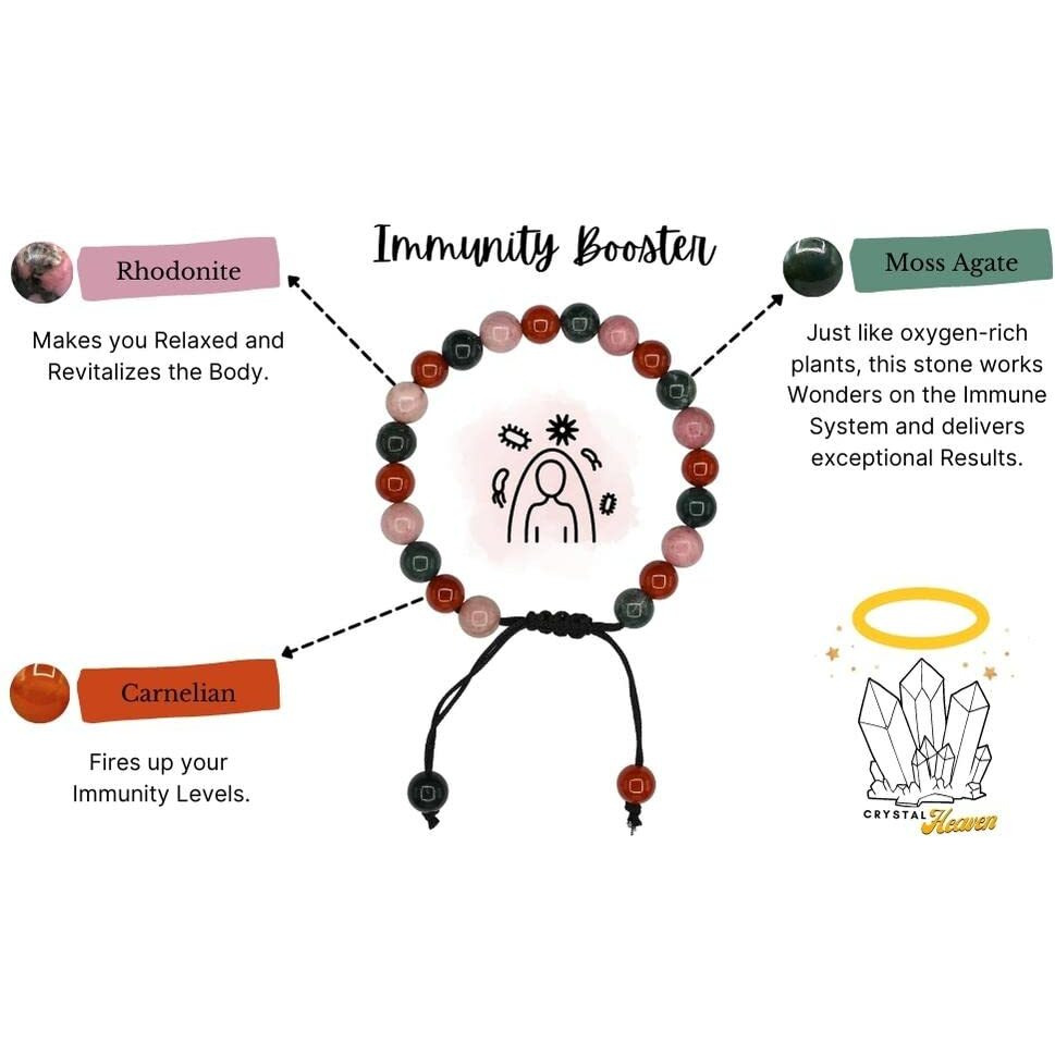 Crystal Heaven Crystal Immunity Bracelet for Men Women - Carnelian, Rhodonite, Moss Agate Bracelet Set - Real Healing Stone Adjustable Bracelet