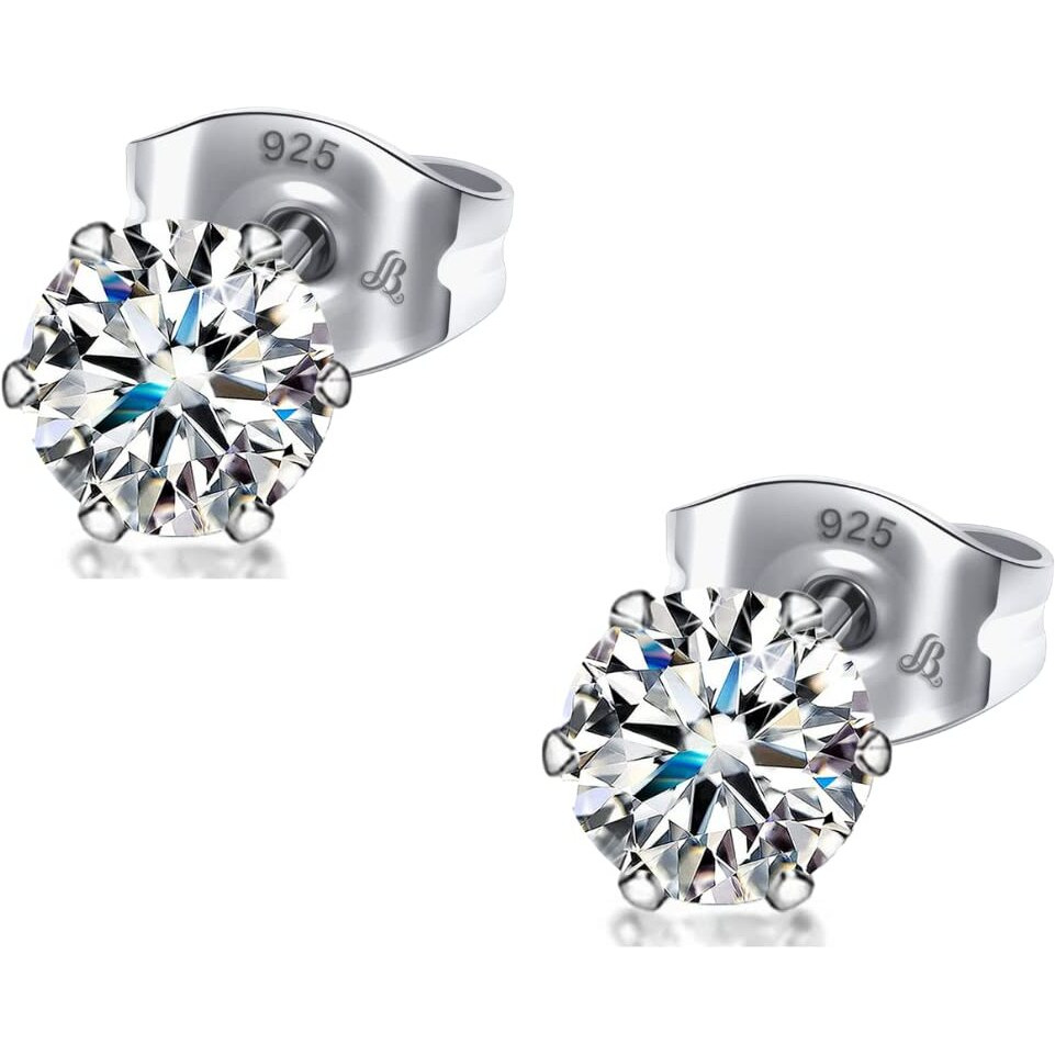 LaBling 925 Sterling Silver Stud Earrings Round Brilliant Cut Cubic Zirconia Tops for Men, Women - Silver 4mm