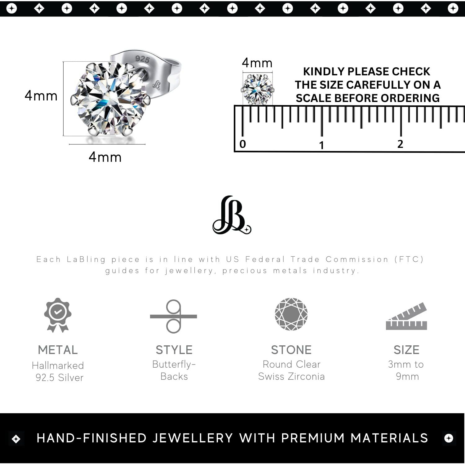 LaBling 925 Sterling Silver Stud Earrings Round Brilliant Cut Cubic Zirconia Tops for Men, Women - Silver 4mm