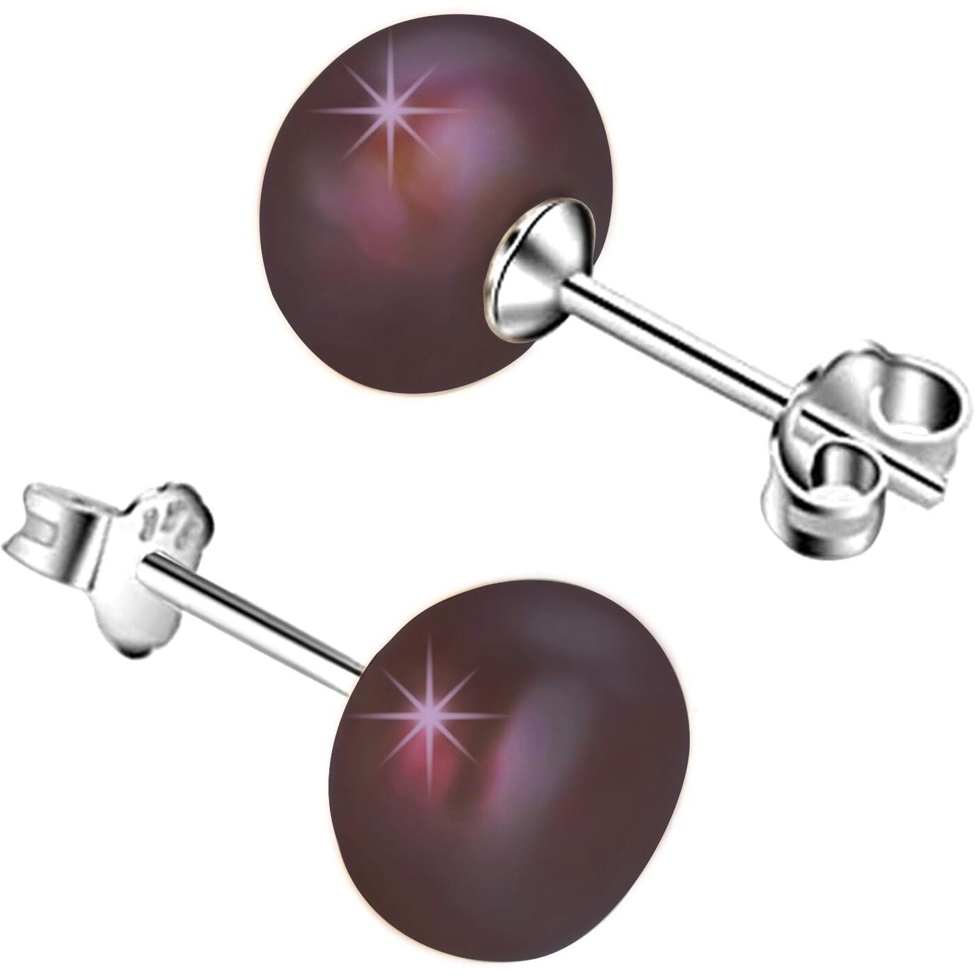 SIVYAA Fresh Water Pearl Earrings Set | Pure 925 Sterling Silver | High Lustre Auberzine Button Shape Real Pearl Studs| Gift Item for Women & Girls | 6 Month Warranty, Size 7 mm