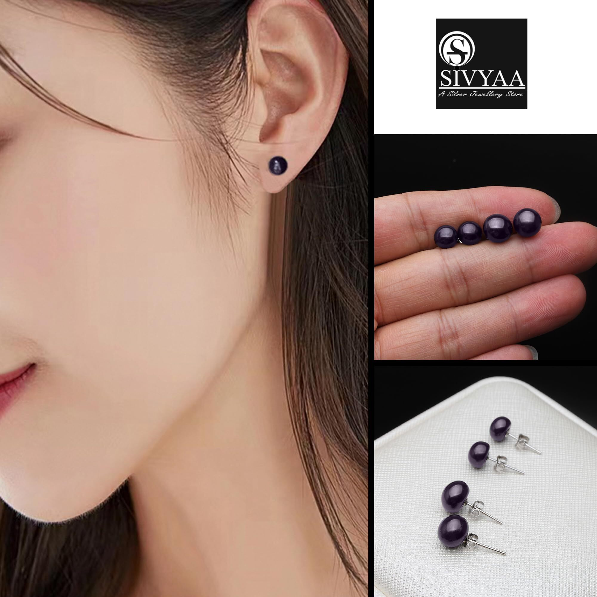 SIVYAA Fresh Water Pearl Earrings Set | Pure 925 Sterling Silver | High Lustre Auberzine Button Shape Real Pearl Studs| Gift Item for Women & Girls | 6 Month Warranty, Size 7 mm