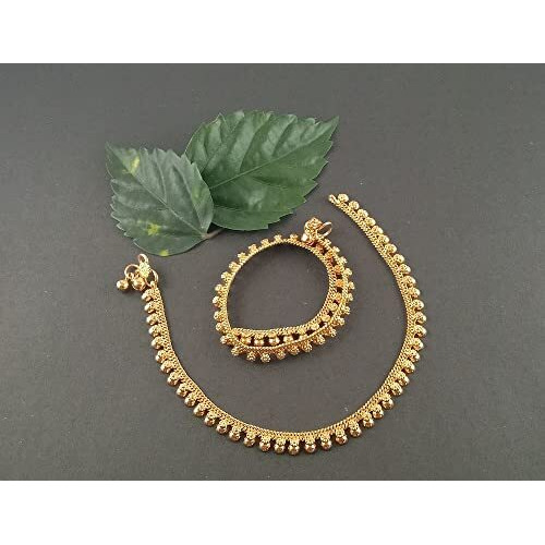 CUTE GOLD One Gram Gold Plated & Brass Stylish Anklets Kolusu Payal Ghungroo for Women & Girls (10.5 Inch)