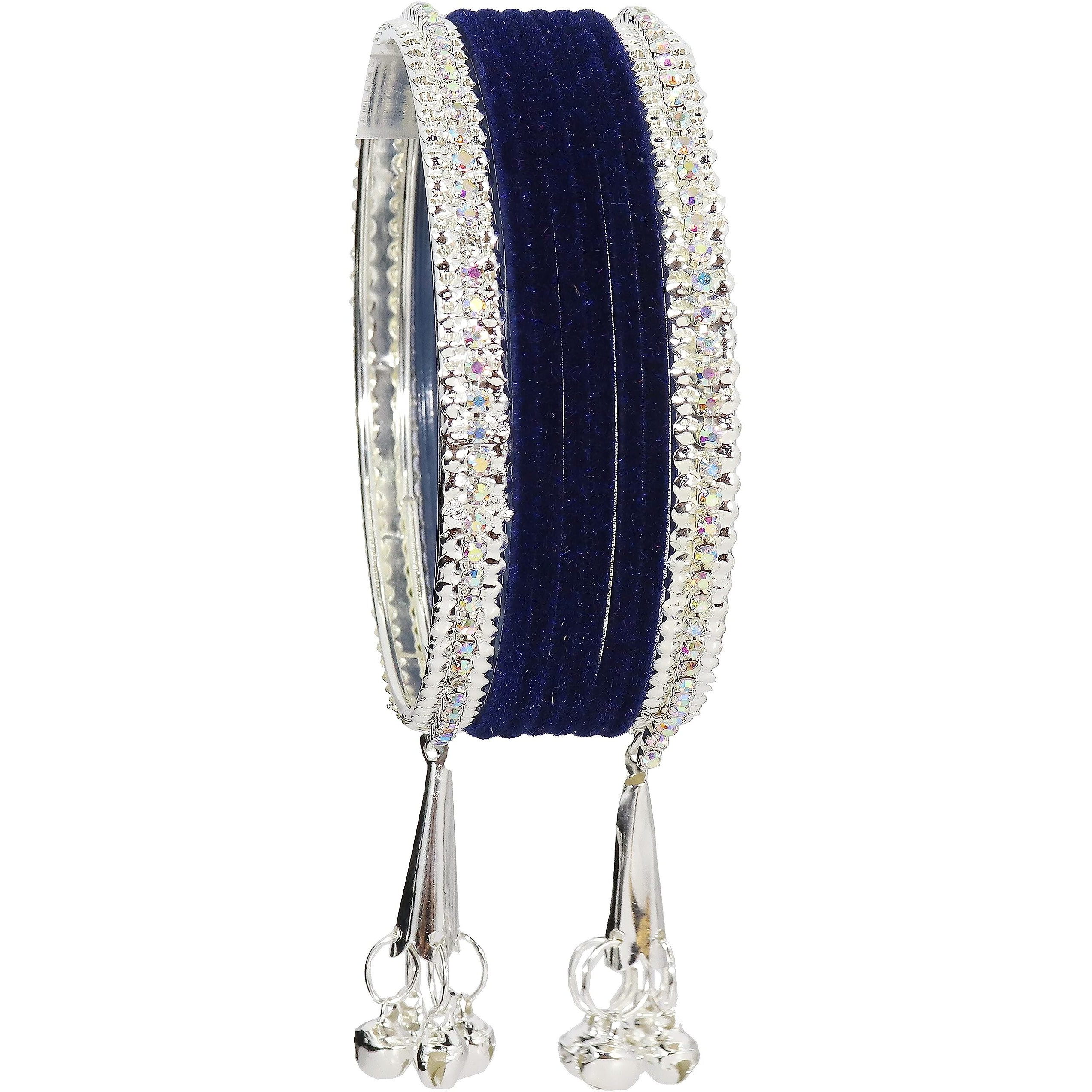 NMII Metal with Zircon Gemstone and Velvet Studded Bells Latkan Bangles Set For Girls and Women I Latkan Bangles, Premium Bangle Bracelet Set (Silver-Blue-2.6 Inches), Pack Of 16