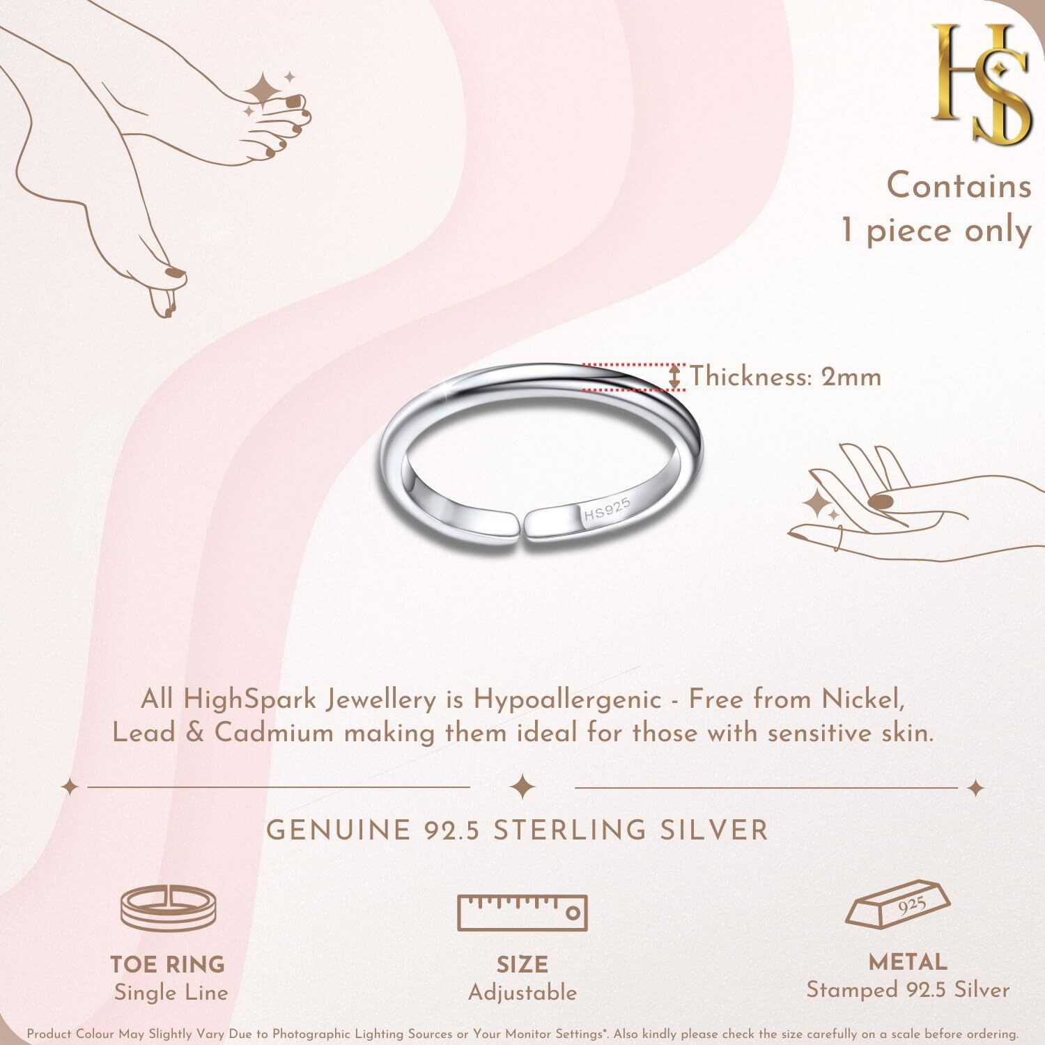 HighSpark Silver Toe Ring for Women | 92.5 Sterling Silver Hypoallergenic Adjustable Toe Rings | Minimal & Elegant Designs - Single Line