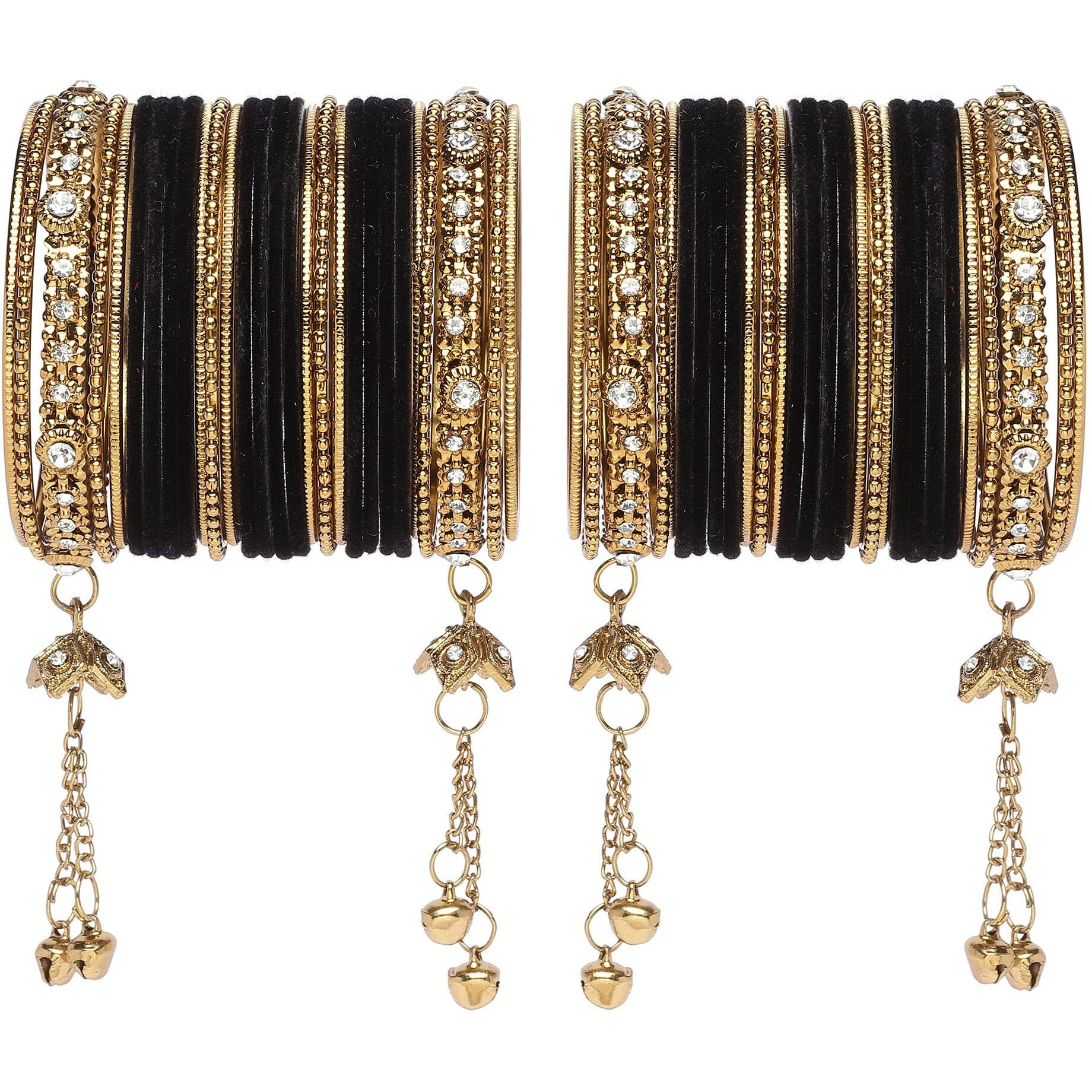 ZENEME Gold-Plated Matte Finish Velvet American Diamond Studded Gold Pearl Tasselled Bangles Set Of 56 For Girls and Women (Black, 2.4)