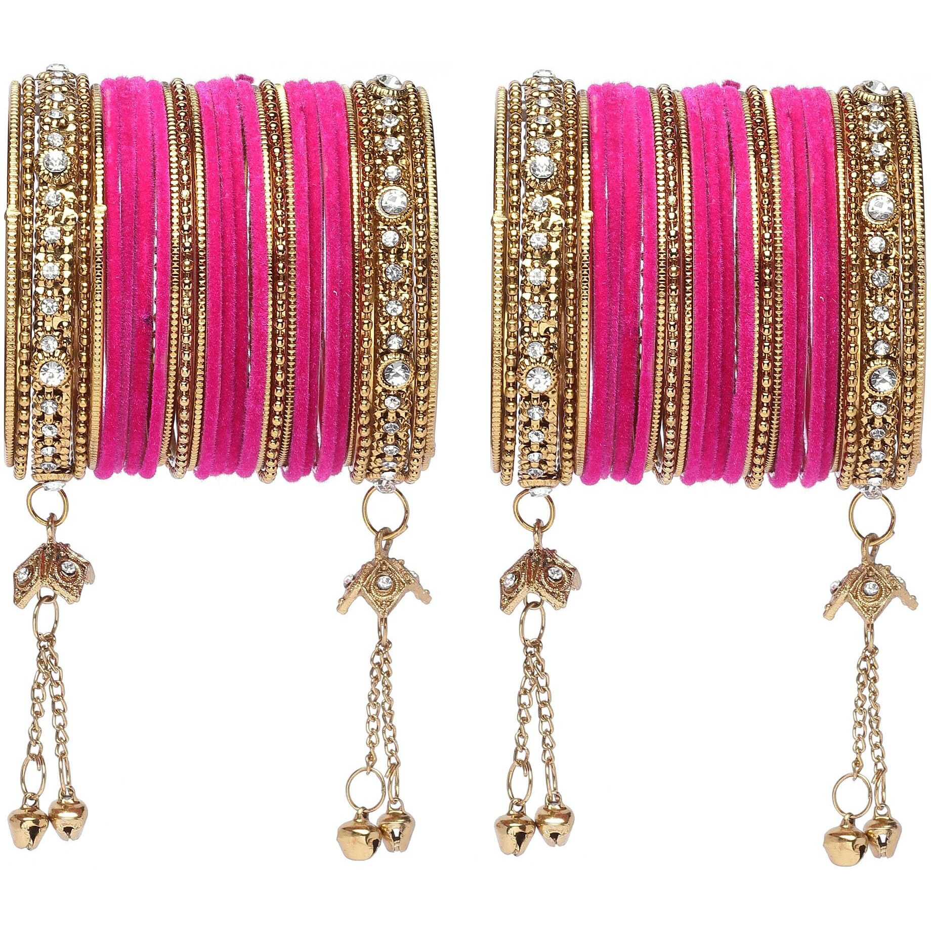 ZENEME Gold-Plated Matte Finish Velvet American Diamond Studded Gold Pearl Tasselled Bangles Set Of 56 For Girls and Women (Pink, 2.6)