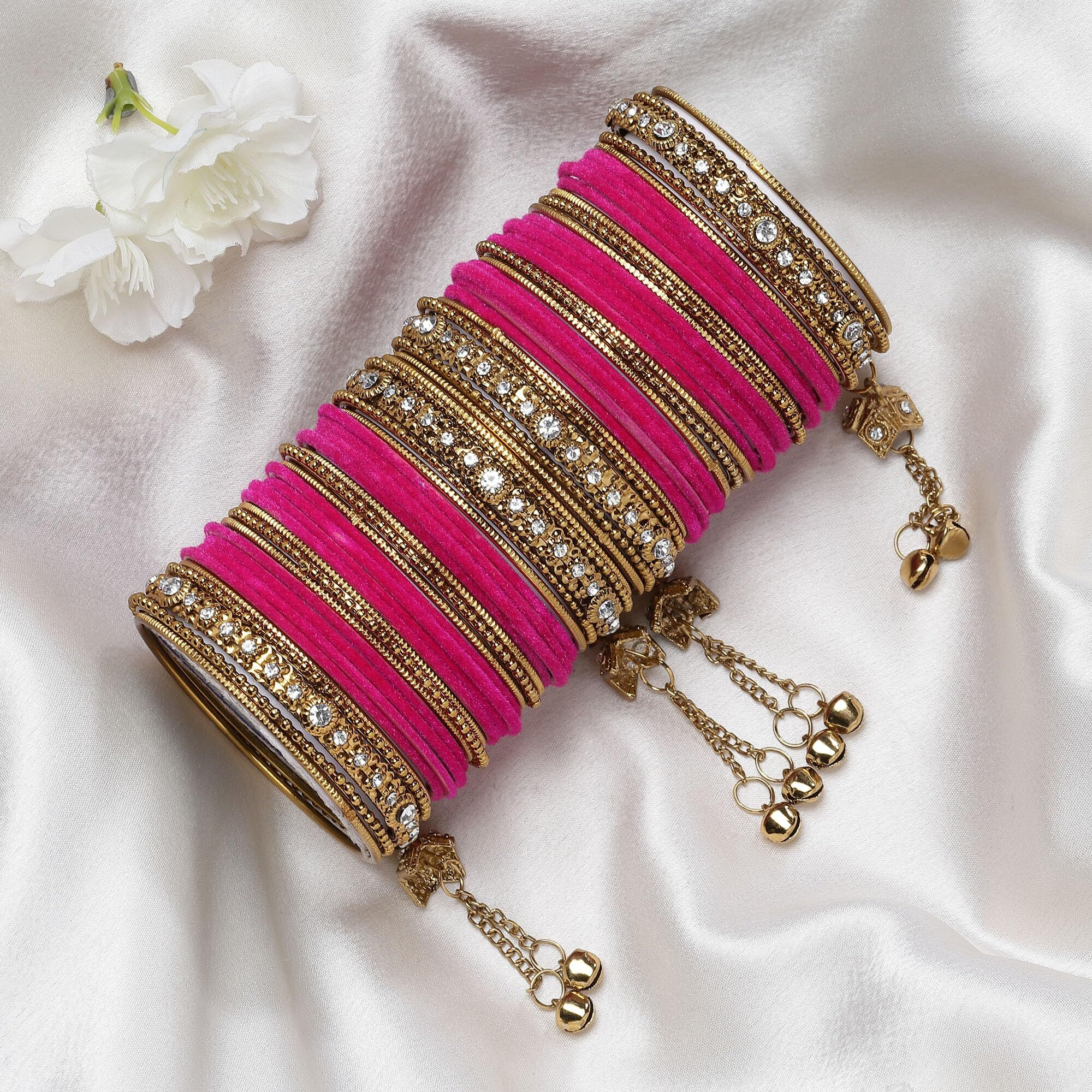 ZENEME Gold-Plated Matte Finish Velvet American Diamond Studded Gold Pearl Tasselled Bangles Set Of 56 For Girls and Women (Pink, 2.6)