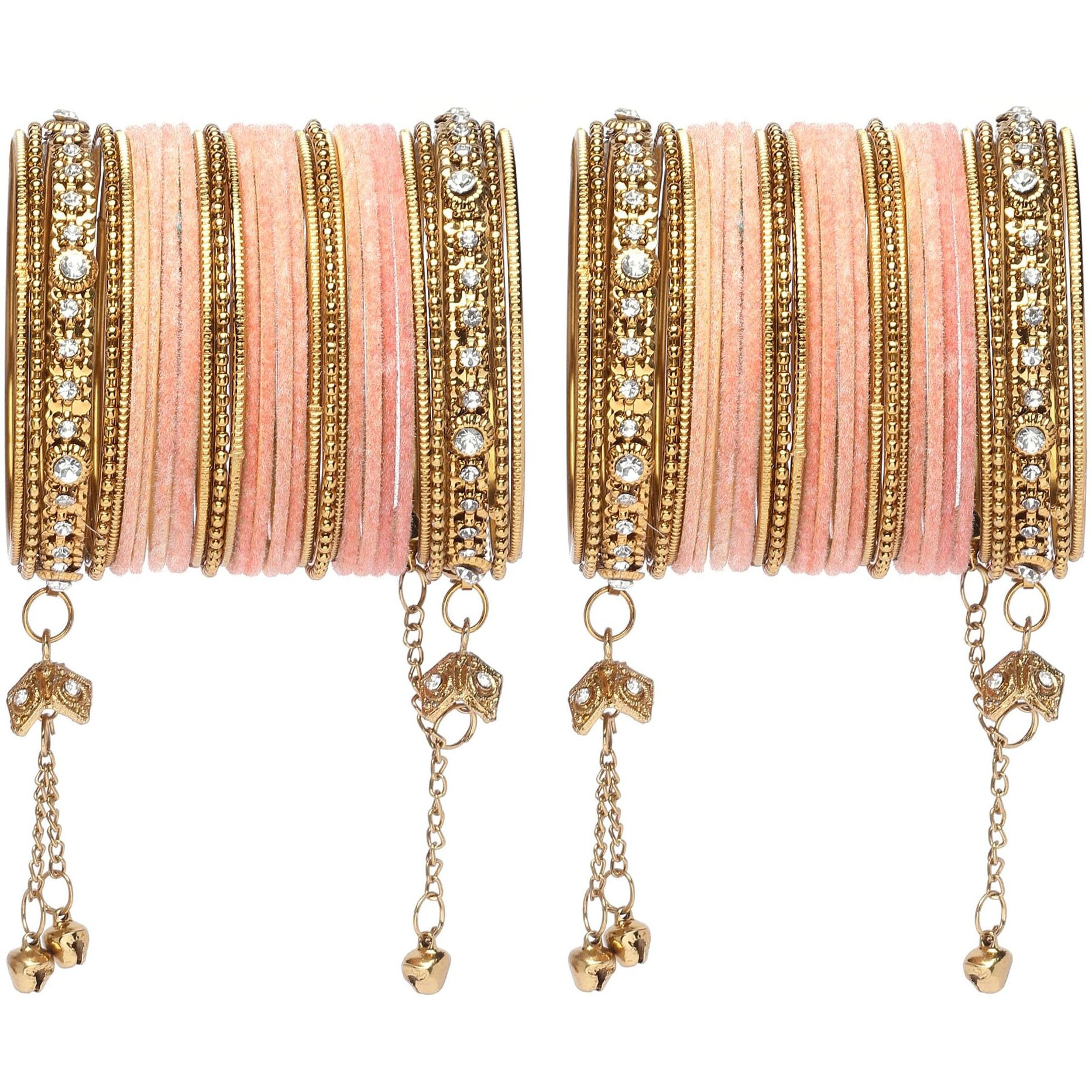 ZENEME Gold-Plated Matte Finish Velvet American Diamond Studded Gold Pearl Tasselled Bangles Set Of 56 For Girls and Women (Peach, 2.4)