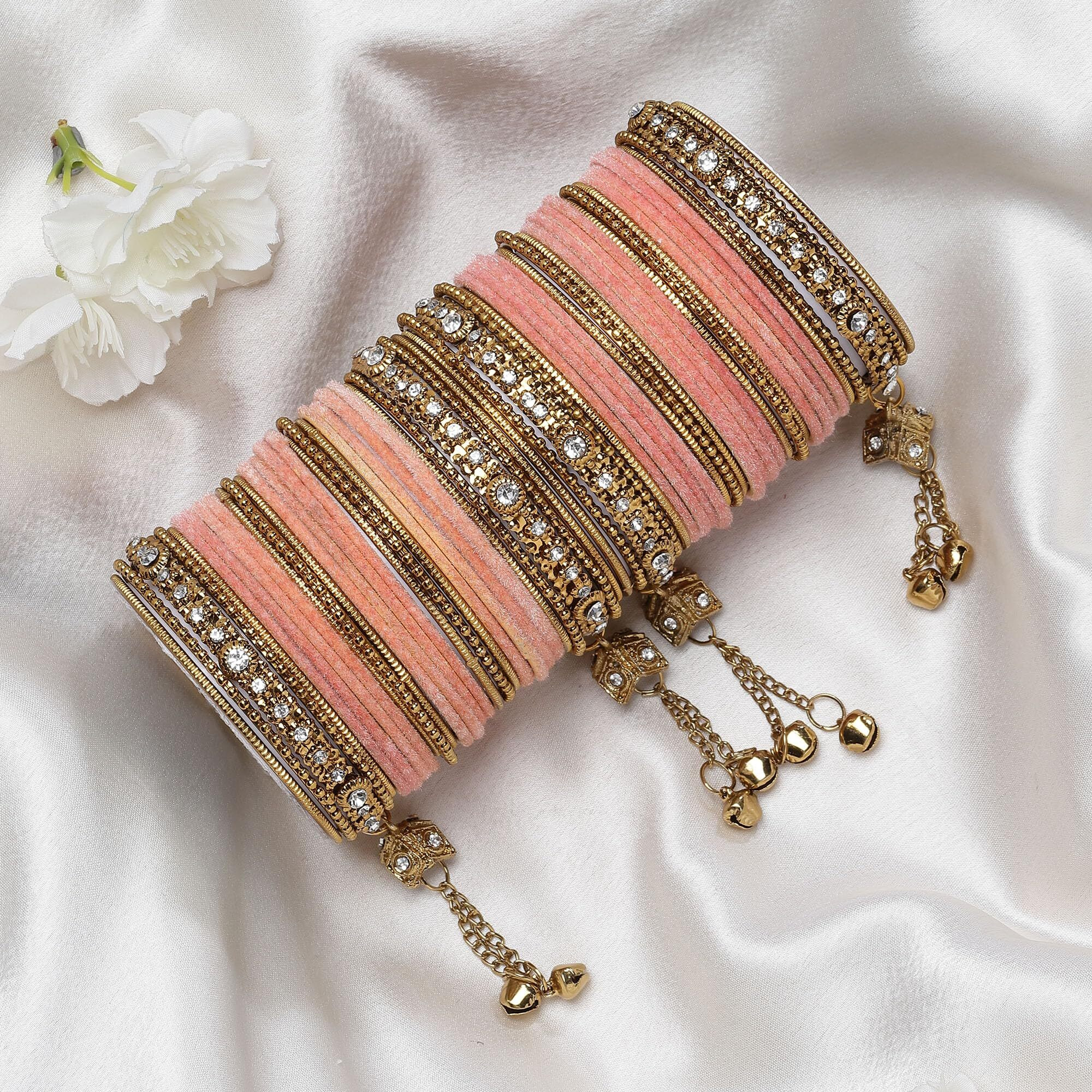 ZENEME Gold-Plated Matte Finish Velvet American Diamond Studded Gold Pearl Tasselled Bangles Set Of 56 For Girls and Women (Peach, 2.4)