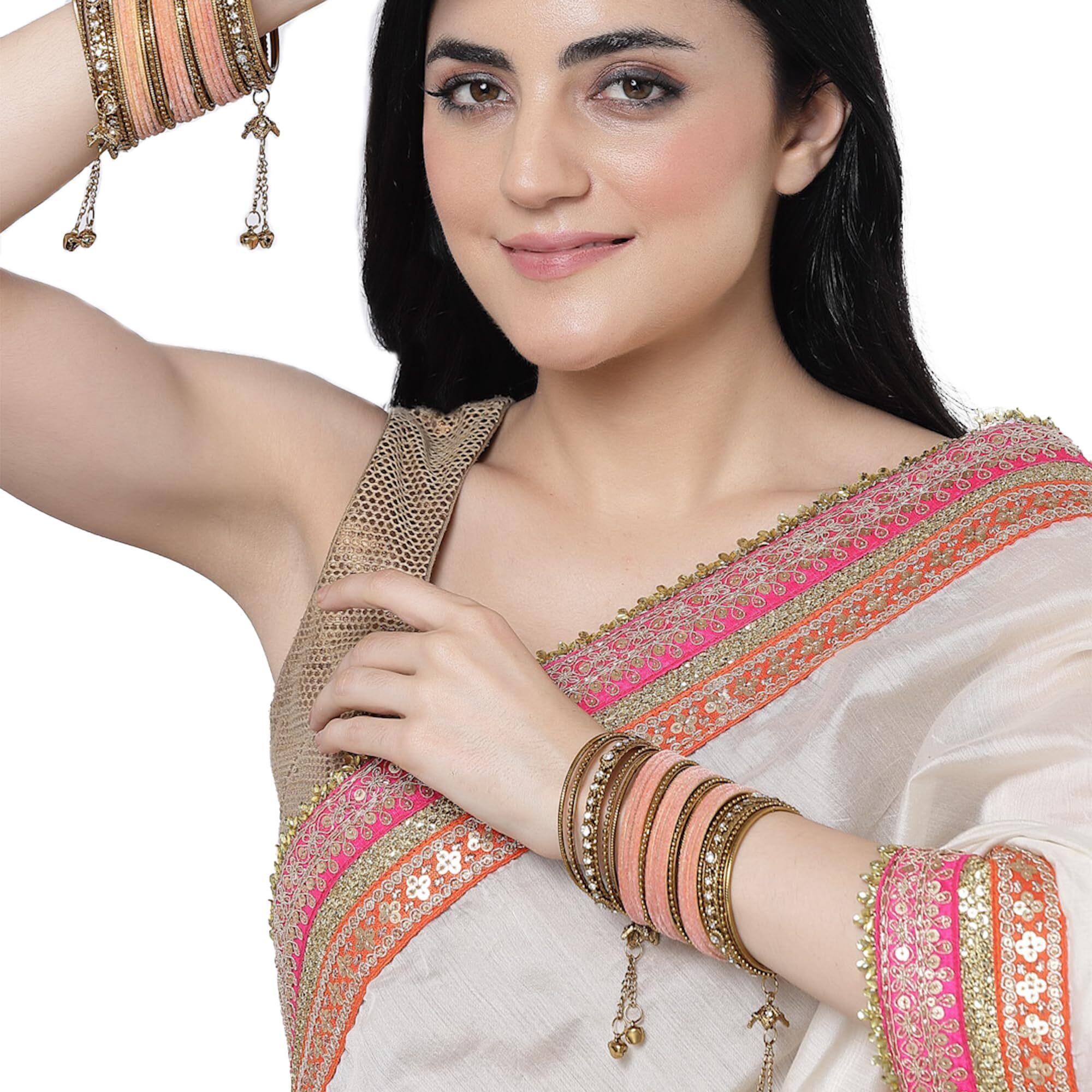 ZENEME Gold-Plated Matte Finish Velvet American Diamond Studded Gold Pearl Tasselled Bangles Set Of 56 For Girls and Women (Peach, 2.4)