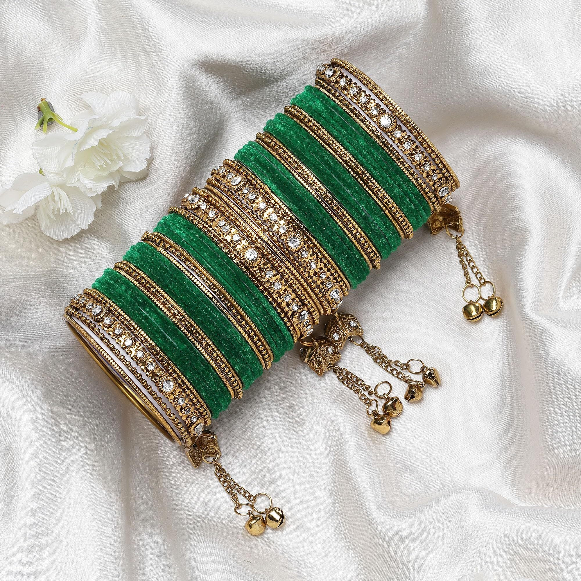 ZENEME Gold-Plated Matte Finish Velvet American Diamond Studded Gold Pearl Tasselled Bangles Set Of 56 For Girls and Women (Green, 2.6)