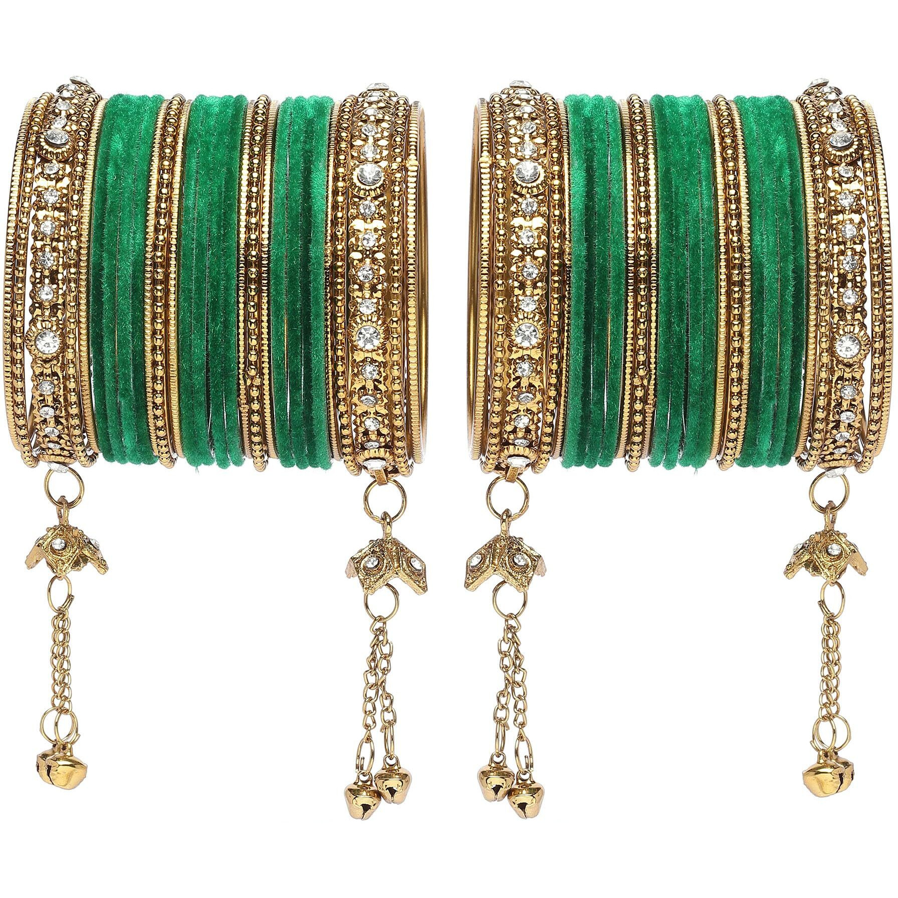 ZENEME Gold-Plated Matte Finish Velvet American Diamond Studded Gold Pearl Tasselled Bangles Set Of 56 For Girls and Women (Green, 2.8)