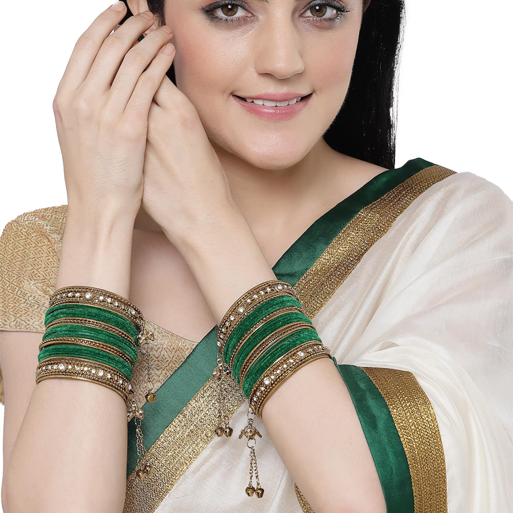 ZENEME Gold-Plated Matte Finish Velvet American Diamond Studded Gold Pearl Tasselled Bangles Set Of 56 For Girls and Women (Green, 2.8)