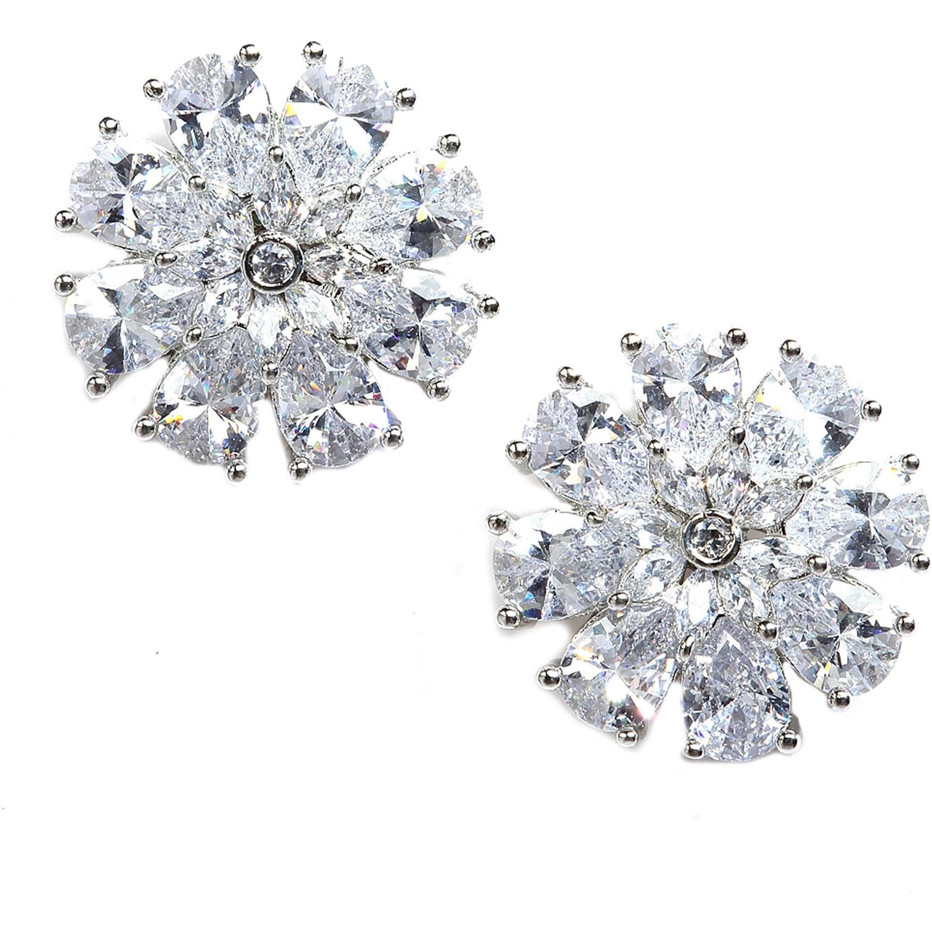 Zeneme Stud Rhodium Plated AD American Diamond Flower-Shaped Earrings Ear Studs Jewellery For Women and Girl (White)
