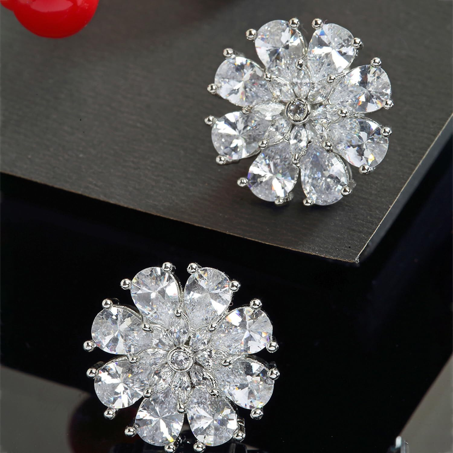 Zeneme Stud Rhodium Plated AD American Diamond Flower-Shaped Earrings Ear Studs Jewellery For Women and Girl (White)