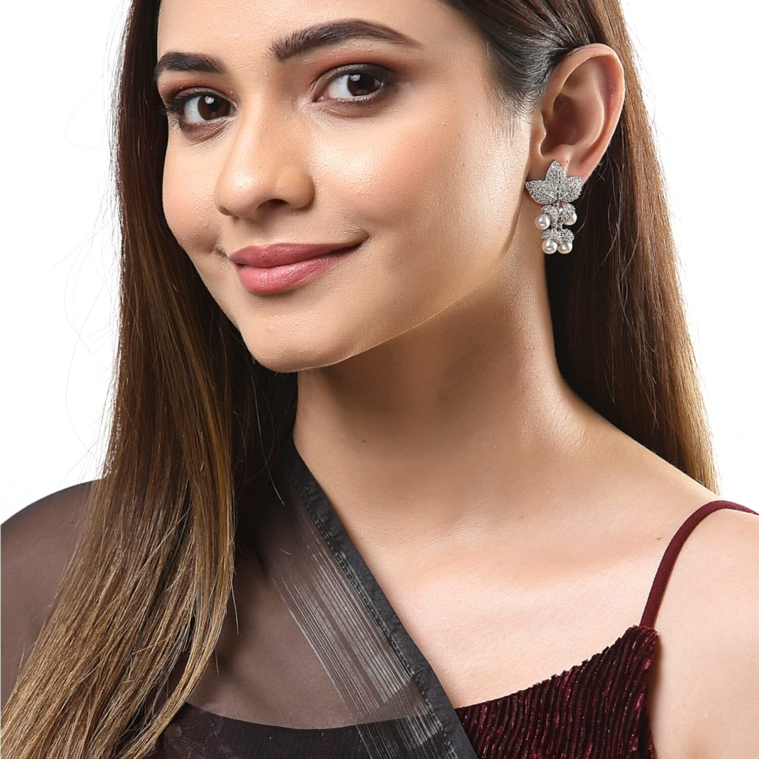 Zeneme Rose Gold Plated Crescent Contemporary Floral Embelished Designed Stud Earring Jewellery For Girls and Women (Style 4)