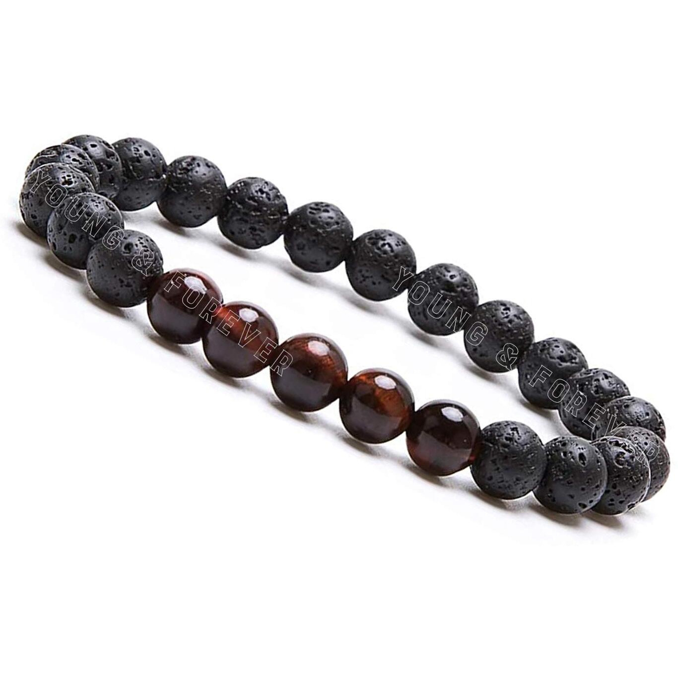 Young & Forever Gift Reiki Infused Handmade Chakra Bracelets for Women Semi Precious Gemstone Red Tiger Eye and Lava Rock Healing Crystal Bracelet for Men