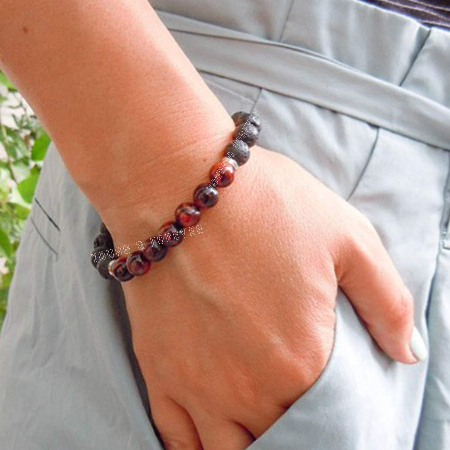 Young & Forever Gift Reiki Infused Handmade Chakra Bracelets for Women Semi Precious Gemstone Red Tiger Eye and Lava Rock Healing Crystal Bracelet for Men