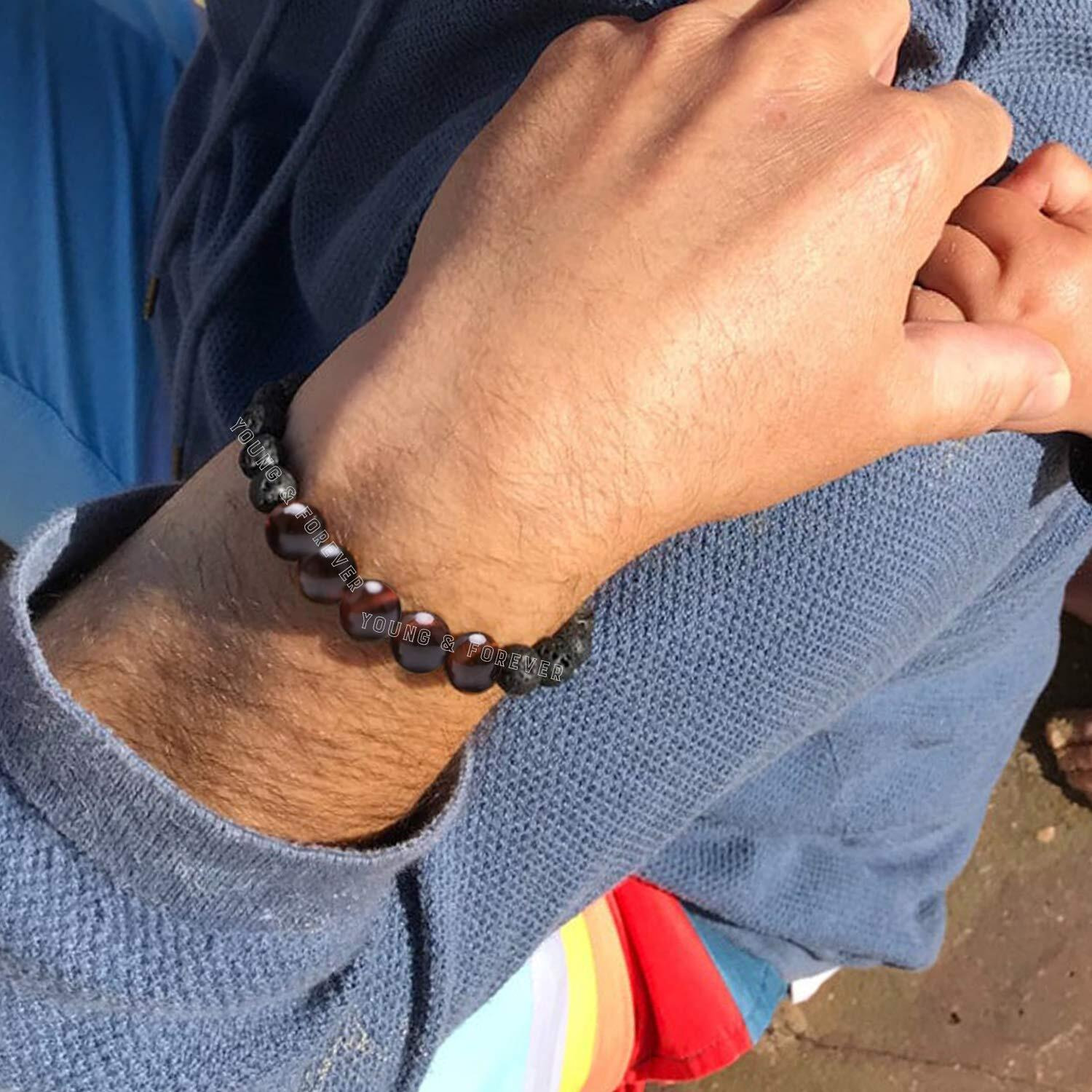 Young & Forever Gift Reiki Infused Handmade Chakra Bracelets for Women Semi Precious Gemstone Red Tiger Eye and Lava Rock Healing Crystal Bracelet for Men