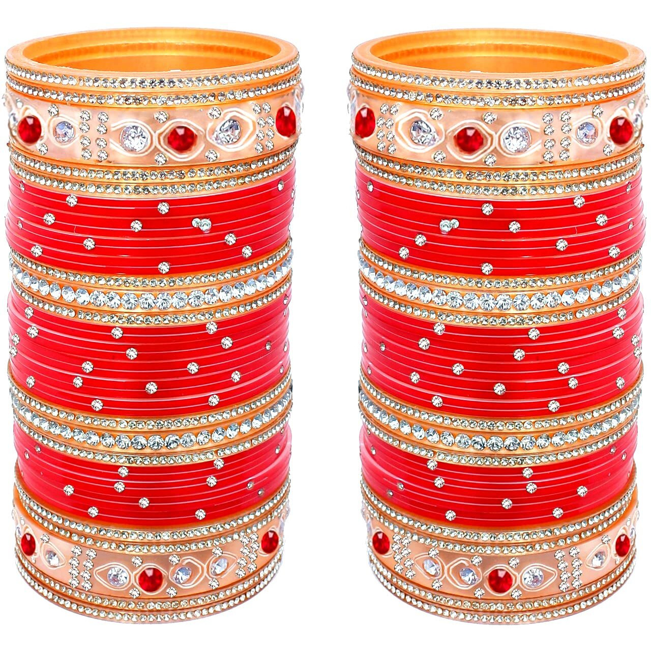 Lucky Jewellery Bridal Bangle Set Wedding punjabi chuda, Designer chura, Red Stone Choora Set for Women (508-M1C1-722-R24)