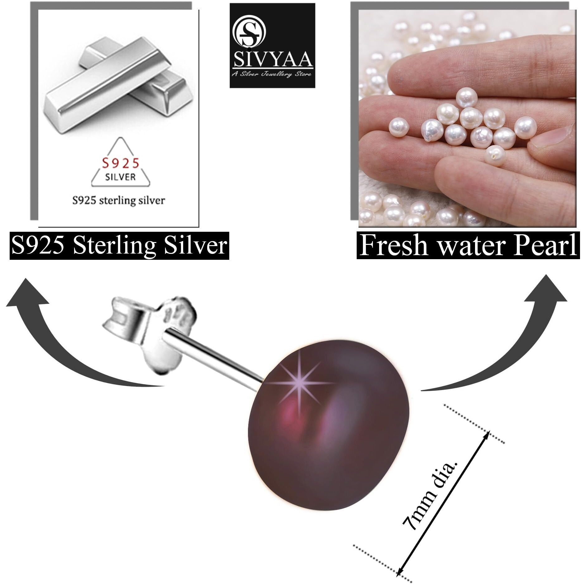 SIVYAA Fresh Water Pearl Earrings Set | Pure 925 Sterling Silver | High Lustre Auberzine Button Shape Real Pearl Studs| Gift Item for Women & Girls | 6 Month Warranty, Size 6 mm