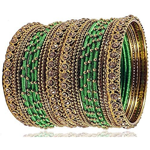 NMII Non Precious Metal and Thread With Zircon Gemstone Bangle Set For Women/Girls, Pack Of 20 Bangles (2.6_Inch, Tgreen)