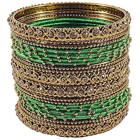 NMII Non Precious Metal and Thread With Zircon Gemstone Bangle Set For Women/Girls, Pack Of 20 Bangles (2.6_Inch, Tgreen)