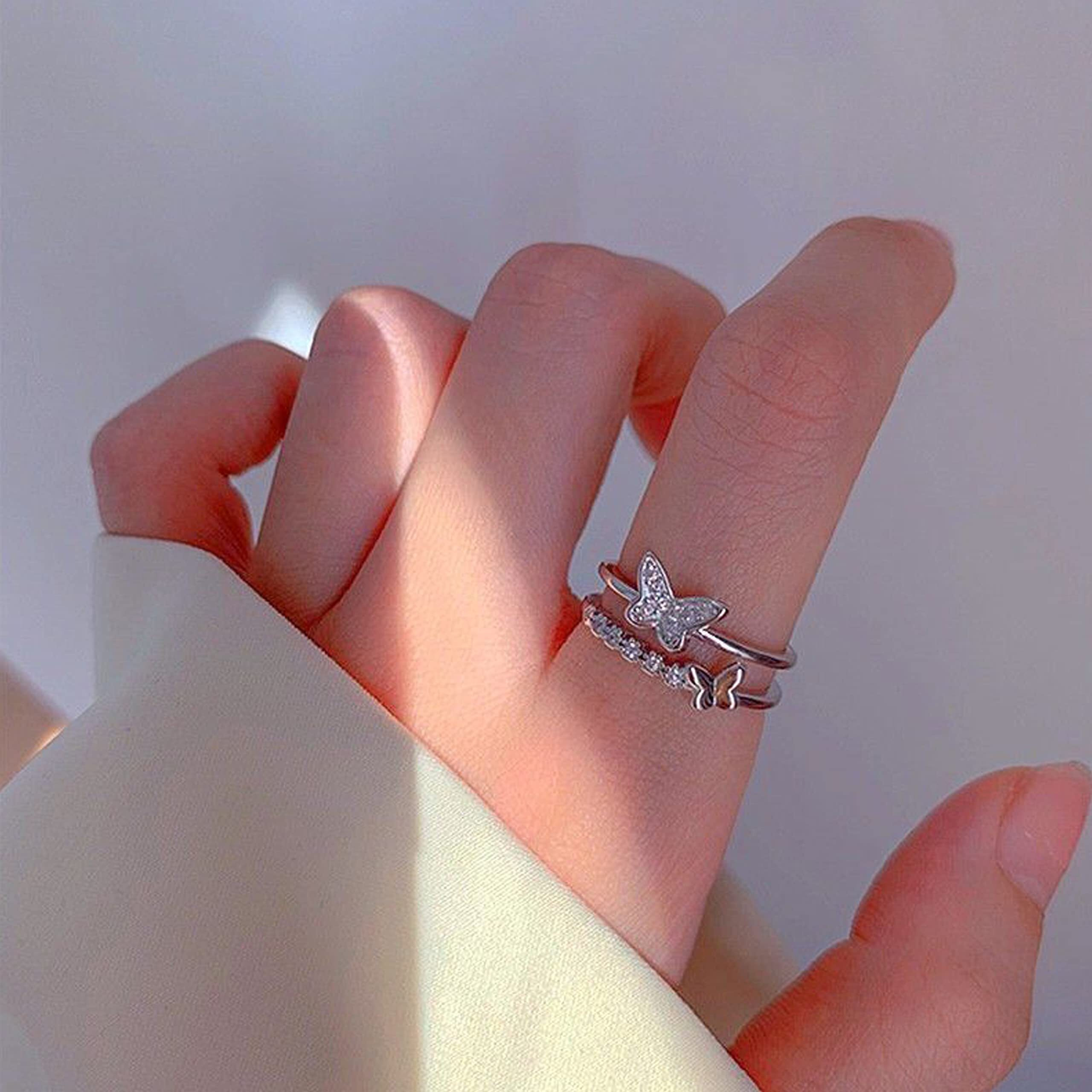 Fashion Frill Womens Ring Butterfly Design Silver Plated Adjustable Finger Ring For Women Girls Valentine Ring Red Crystal Rings Jewellery for Women Love Gifts for Wife (Adjustable)