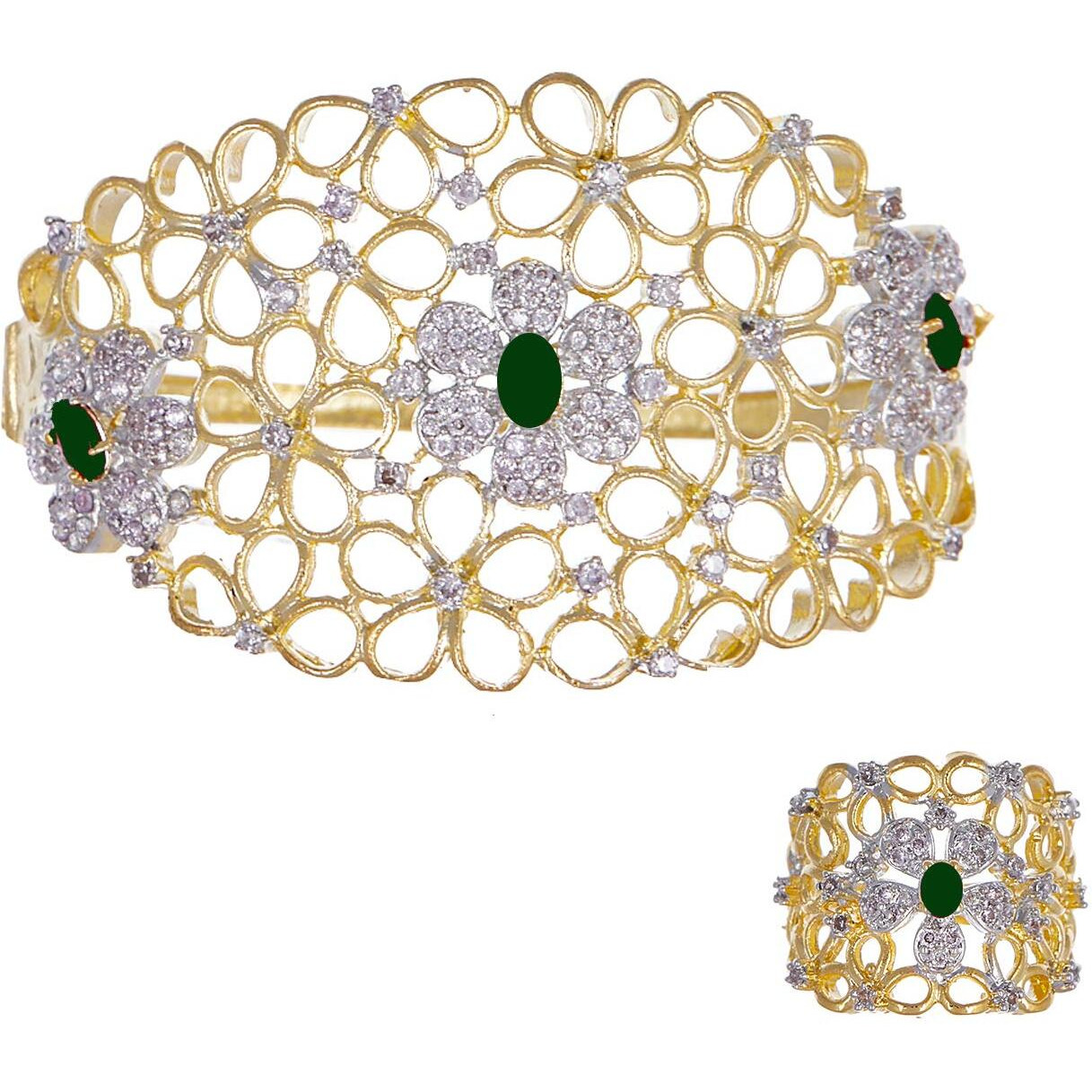 ZENEME Bracelet Gold Plated American Diamond Studded Celebrity Inspired Green Kada Style Bracelet With Ring Jewellery For Girl and Women