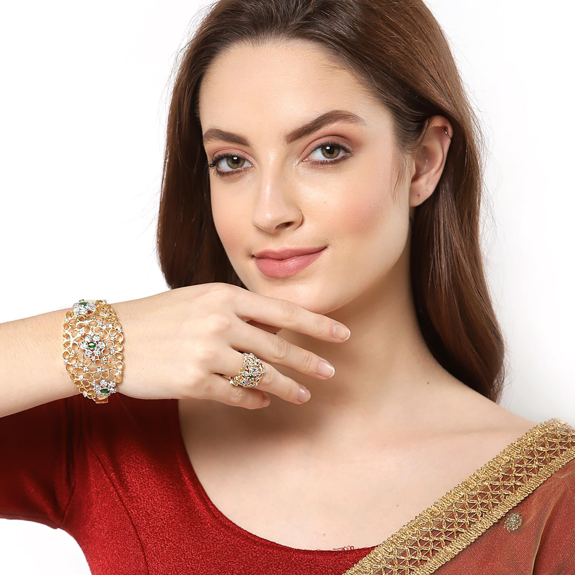 ZENEME Bracelet Gold Plated American Diamond Studded Celebrity Inspired Green Kada Style Bracelet With Ring Jewellery For Girl and Women