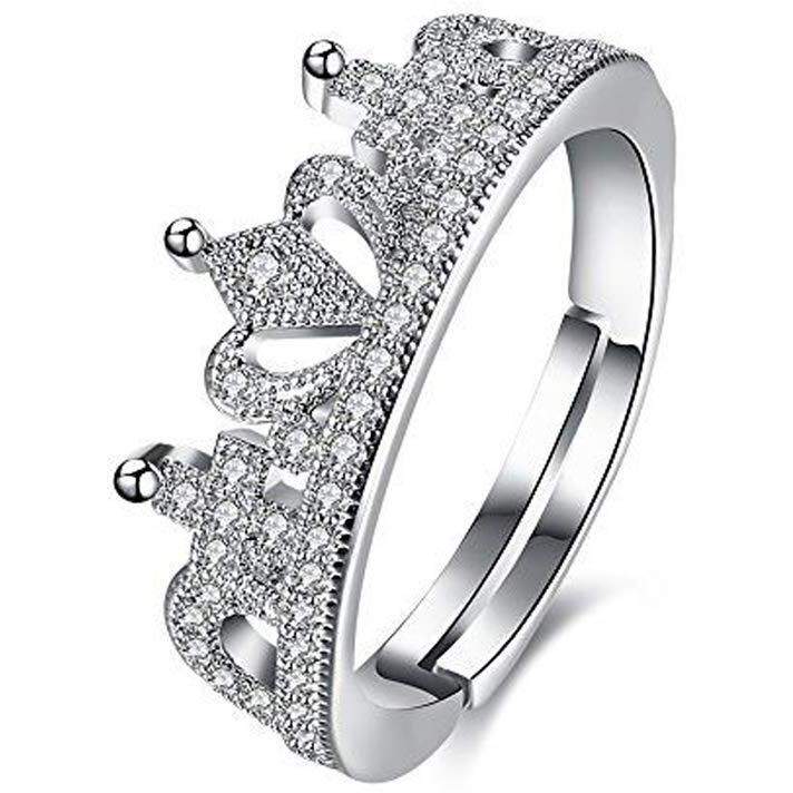 Jewels Galaxy Sparkling Zircon Crown Inspired Silver Plated Elegant Adjustable Ring for Women/Girls (SMNJG-RNGG-5170)