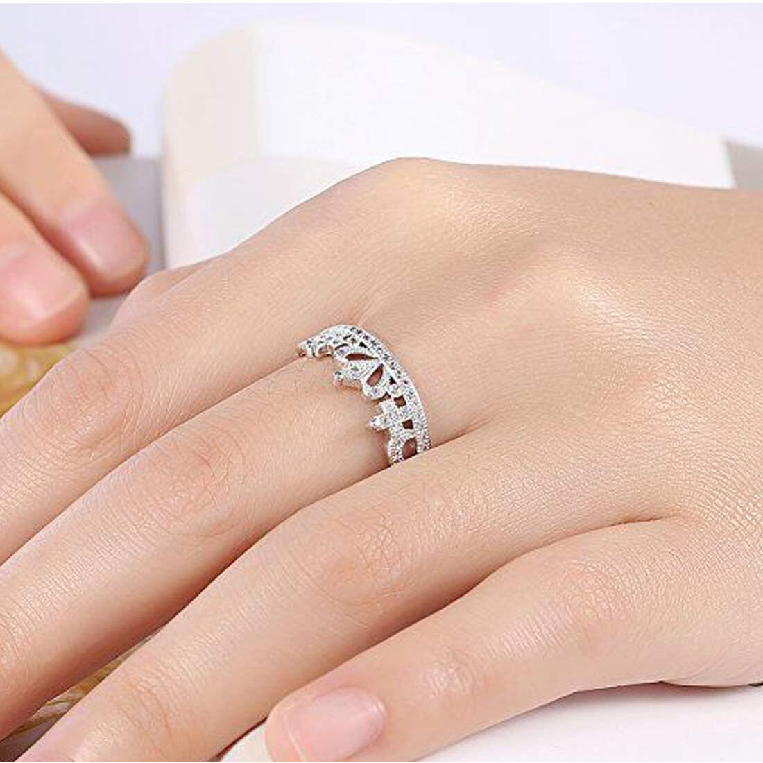 Jewels Galaxy Sparkling Zircon Crown Inspired Silver Plated Elegant Adjustable Ring for Women/Girls (SMNJG-RNGG-5170)