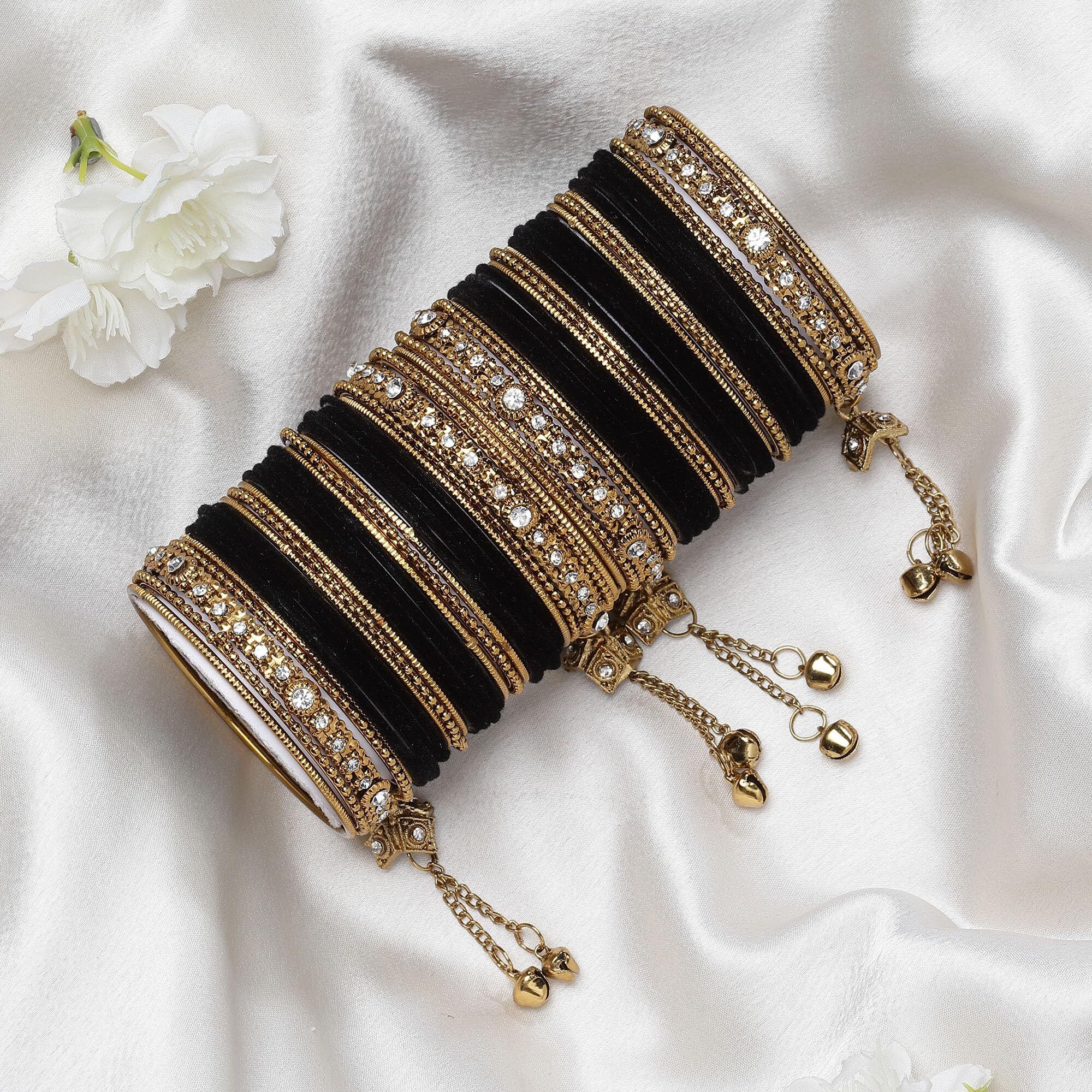 ZENEME Gold-Plated Matte Finish Velvet American Diamond Studded Gold Pearl Tasselled Bangles Set Of 56 For Girls and Women (Black, 2.8)