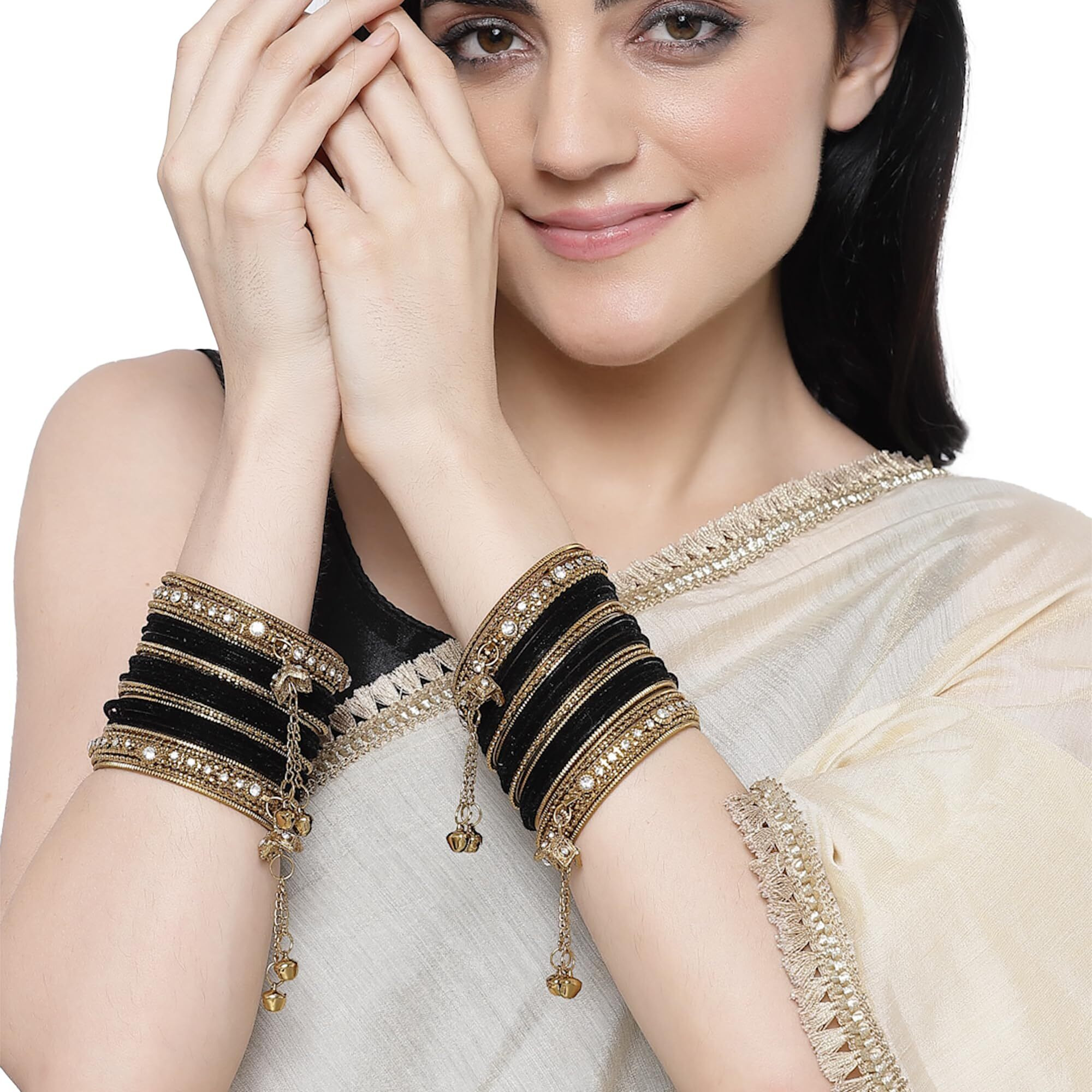 ZENEME Gold-Plated Matte Finish Velvet American Diamond Studded Gold Pearl Tasselled Bangles Set Of 56 For Girls and Women (Black, 2.8)