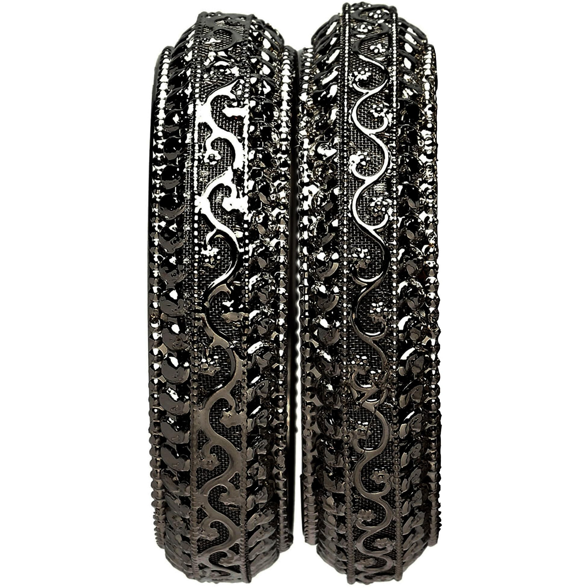 ZENEME Bangle Gold Plated American Studded Royal Style Broad Golden Antique Kada Bangle Jewellery Combo Of 2 For Girls & Women (Black, 2.4)