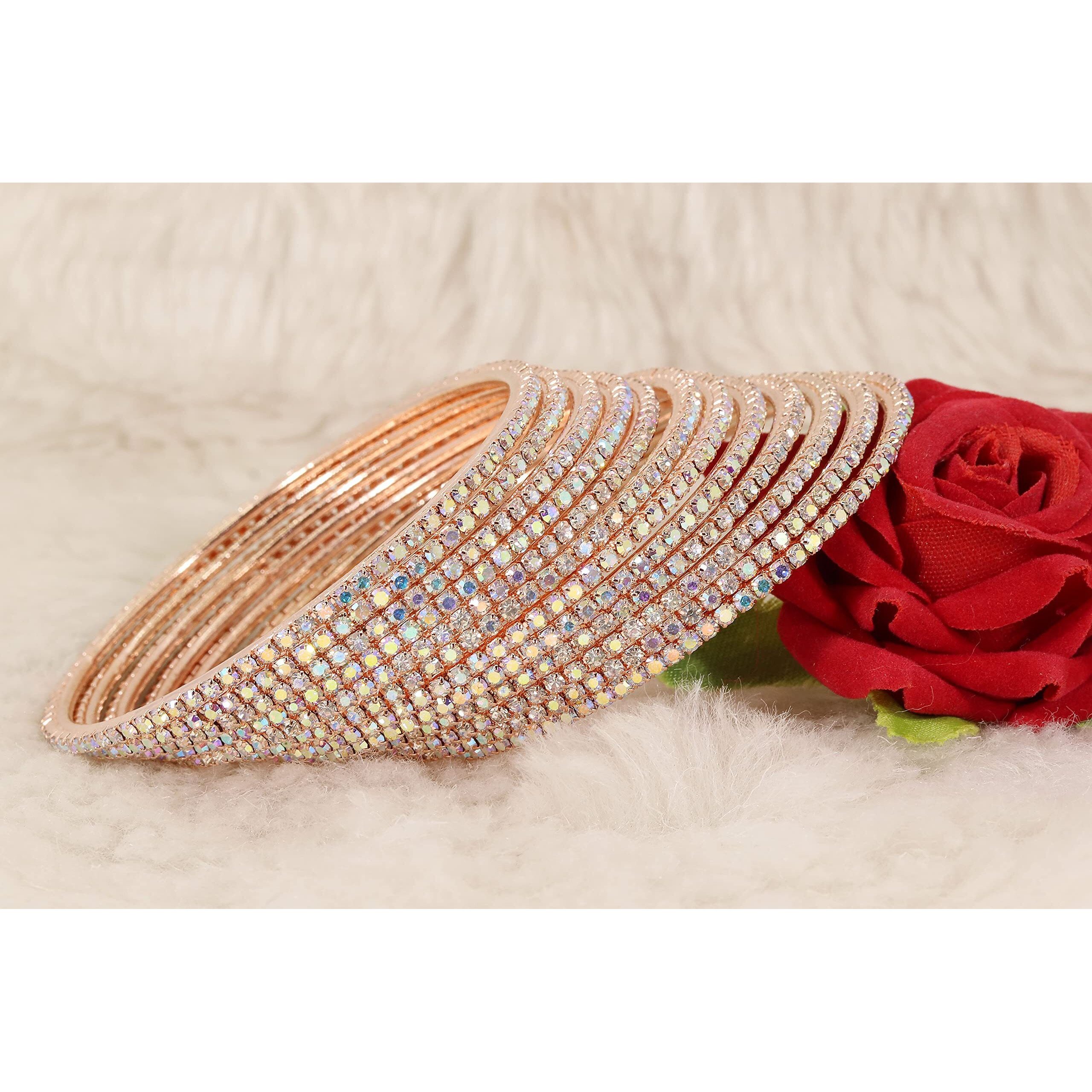 ZULKA Non-Precious Metal Base Metal with Zircon Gemstone Studded worked Glossy Finished Bangle Set For Women and Girls, (RoseGold-Rainbow_2.4 Inches), Pack Of 12 Bangle Set