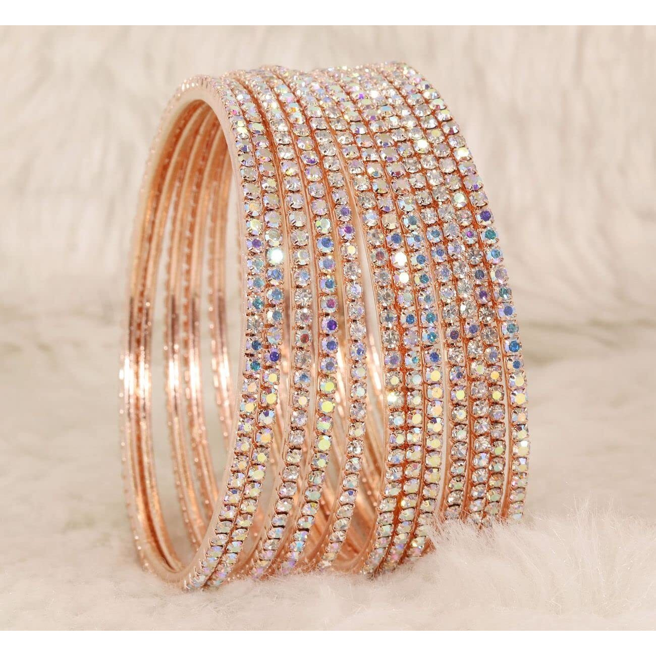 ZULKA Non-Precious Metal Base Metal with Zircon Gemstone Studded worked Glossy Finished Bangle Set For Women and Girls, (RoseGold-Rainbow_2.4 Inches), Pack Of 12 Bangle Set