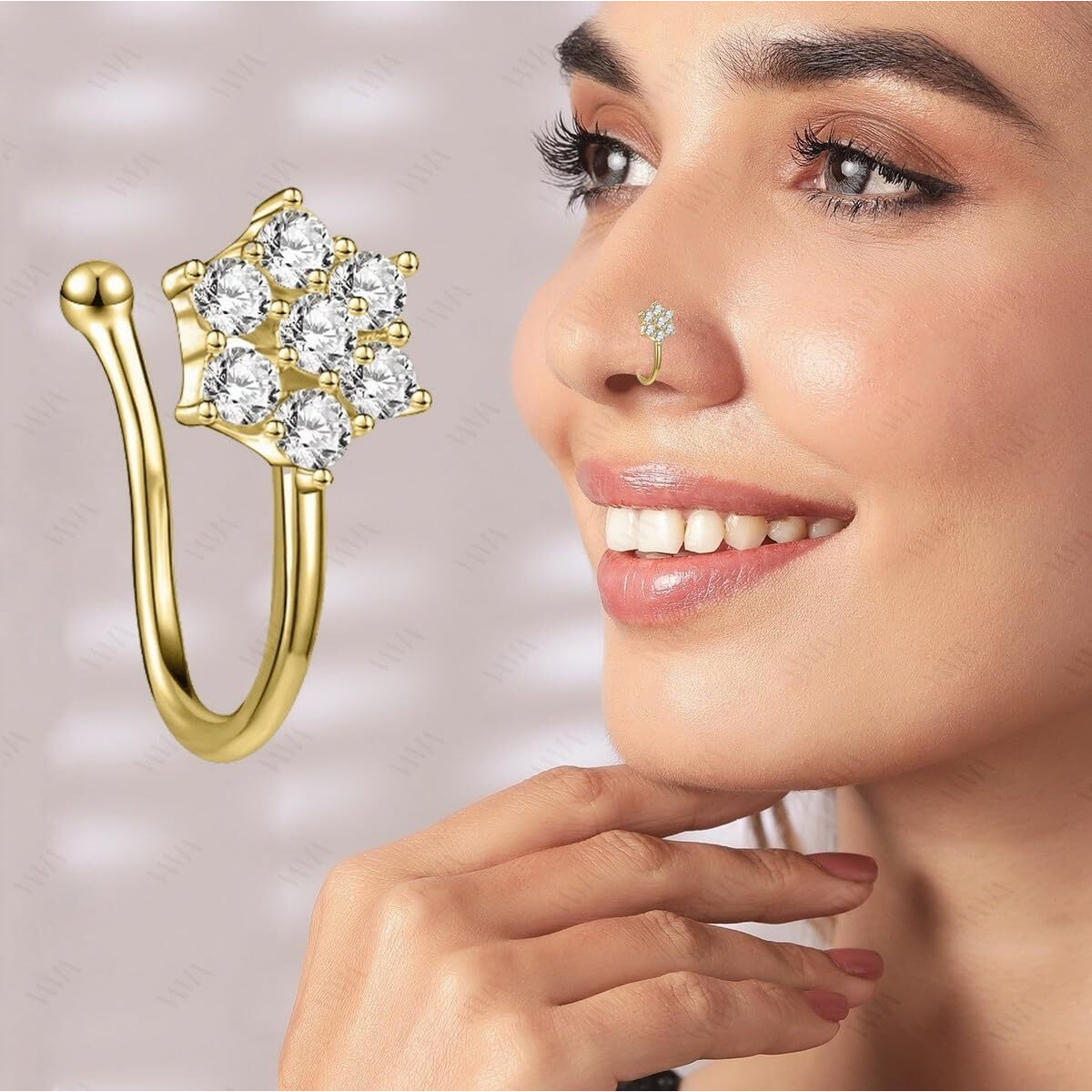 VAMA FASHIONS Clip on Golden Nose pin without Hole Non Piercing Pressing Type Nose ring Stud for Women & Girls (Nose ring Gold without Piercing)