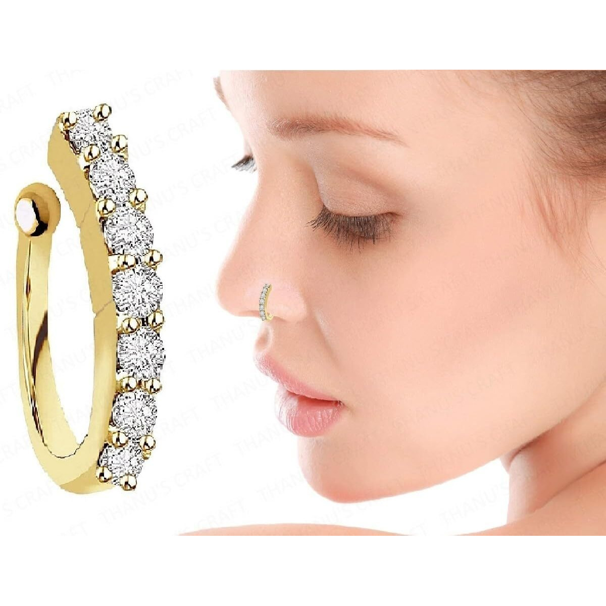 VAMA FASHIONS Clip on Golden Nose pin without Hole Non Piercing Pressing Type Nose ring Stud for Women & Girls (Clip on Gold Nose ring)