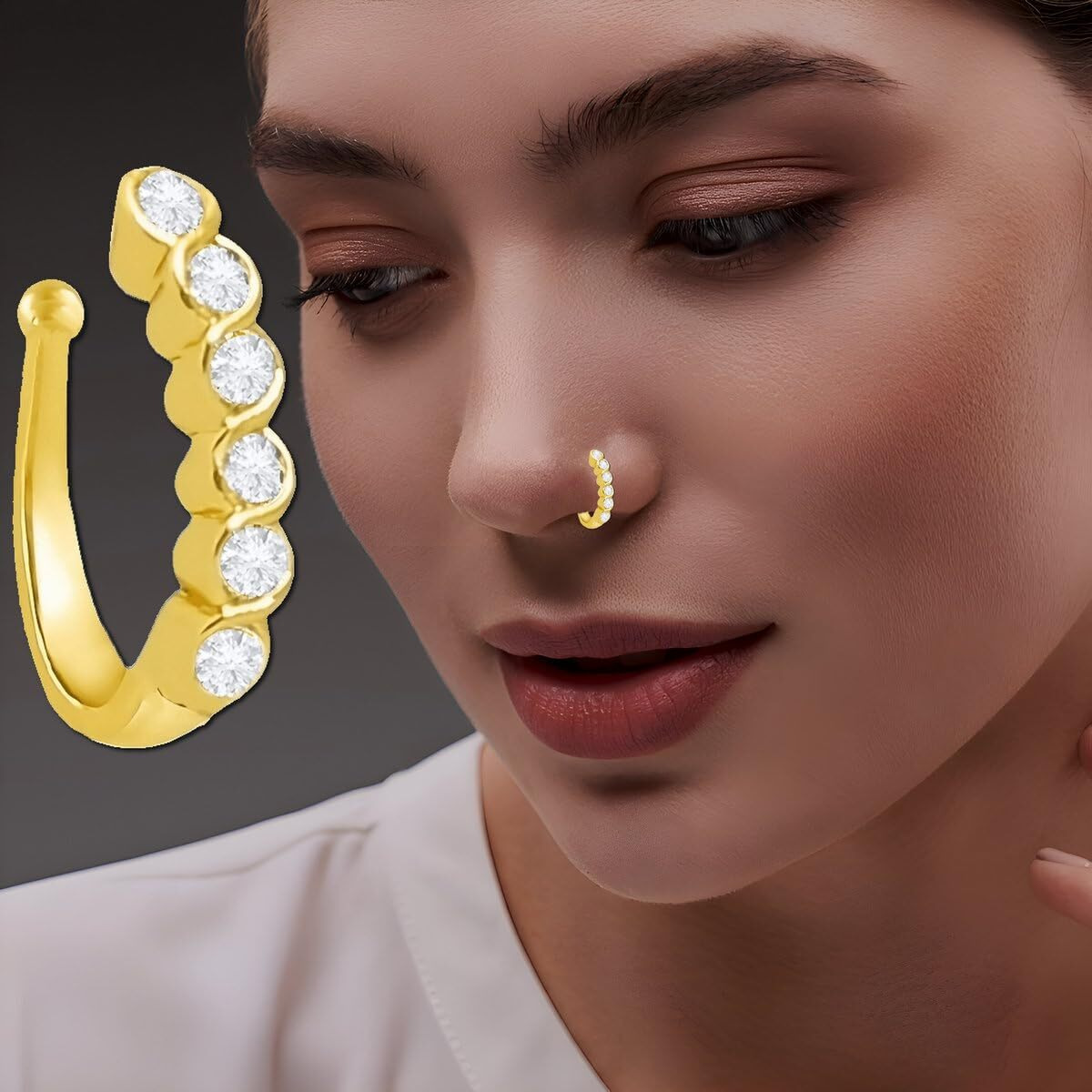 VAMA FASHIONS Clip on Golden Nose pin without Hole Non Piercing Pressing Type Nose ring Stud for Women & Girls (Golden Nosepin)