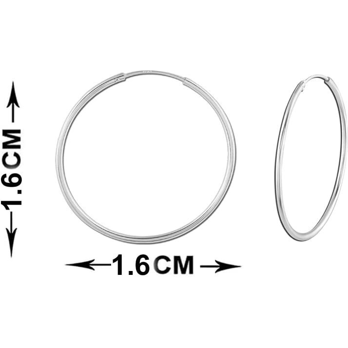 SIVYAA Pure 925 Sterling Silver Plain Round Hoop Bali Earrings for Women Men Boys & Girls, Small, Diameter 16mm
